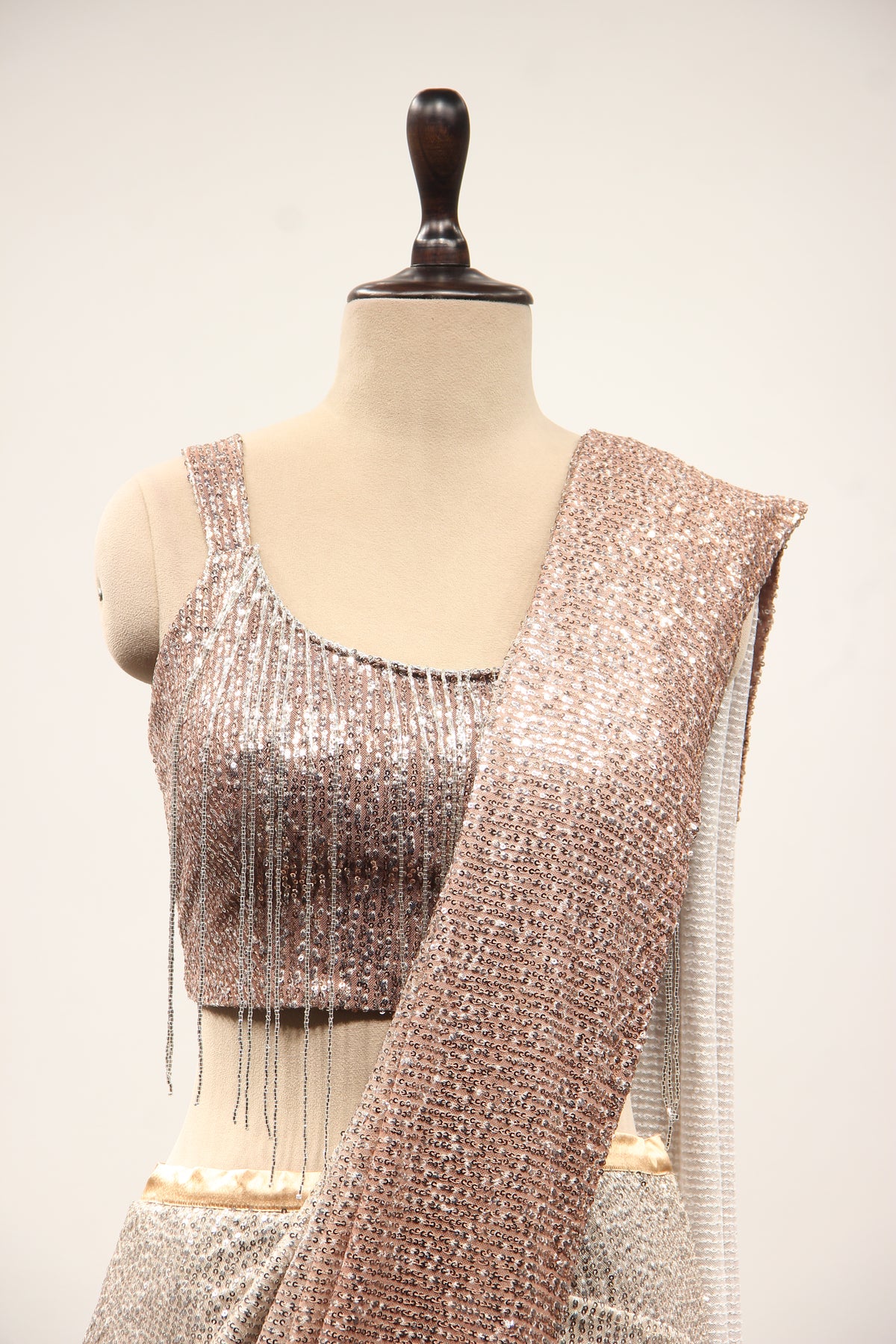 Chikoo Imported Drape Saree with Sequin & Tassel Handwork Fringe Top – front close-up