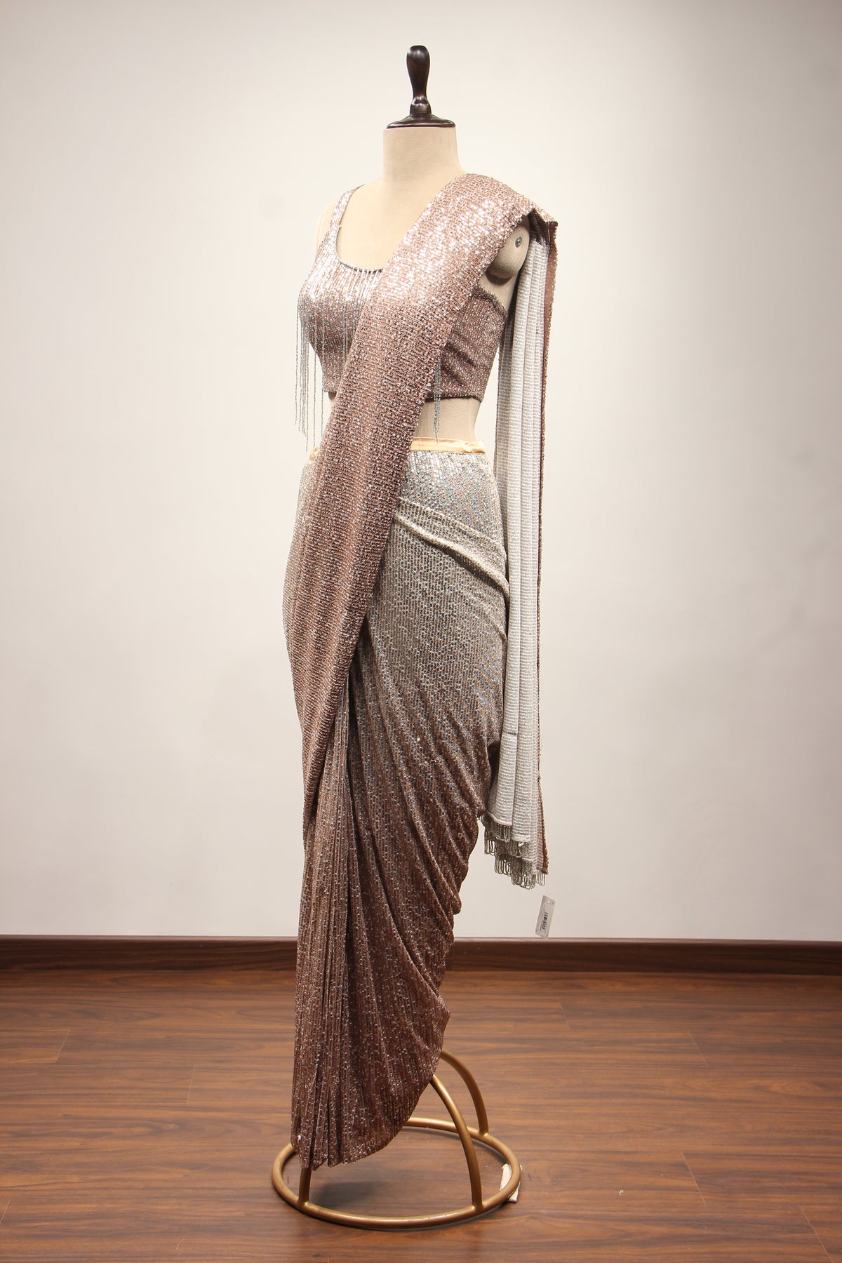 Chikoo Imported Drape Saree with Sequin & Tassel Handwork Fringe Top – side view