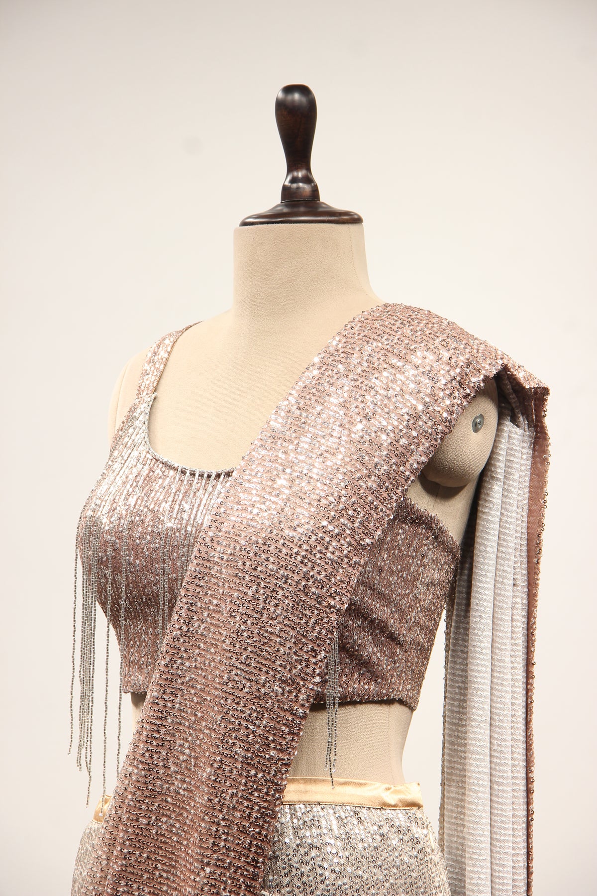 Chikoo Imported Drape Saree with Sequin & Tassel Handwork Fringe Top – side close-up