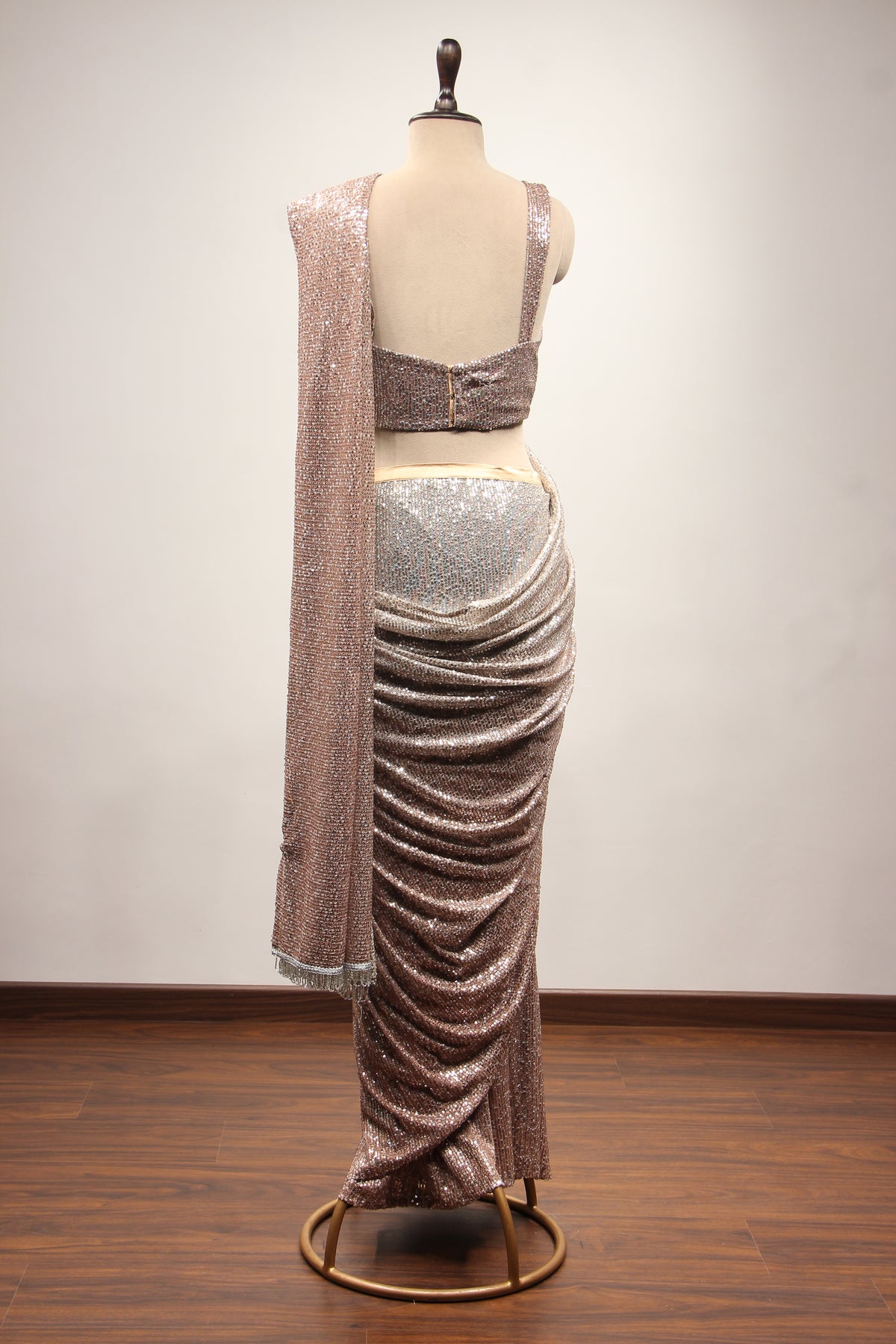 Chikoo Imported Drape Saree with Sequin & Tassel Handwork Fringe Top – back view
