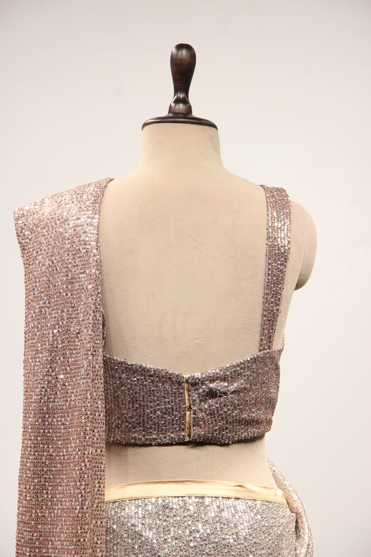 Chikoo Imported Drape Saree with Sequin & Tassel Handwork Fringe Top – back close-up