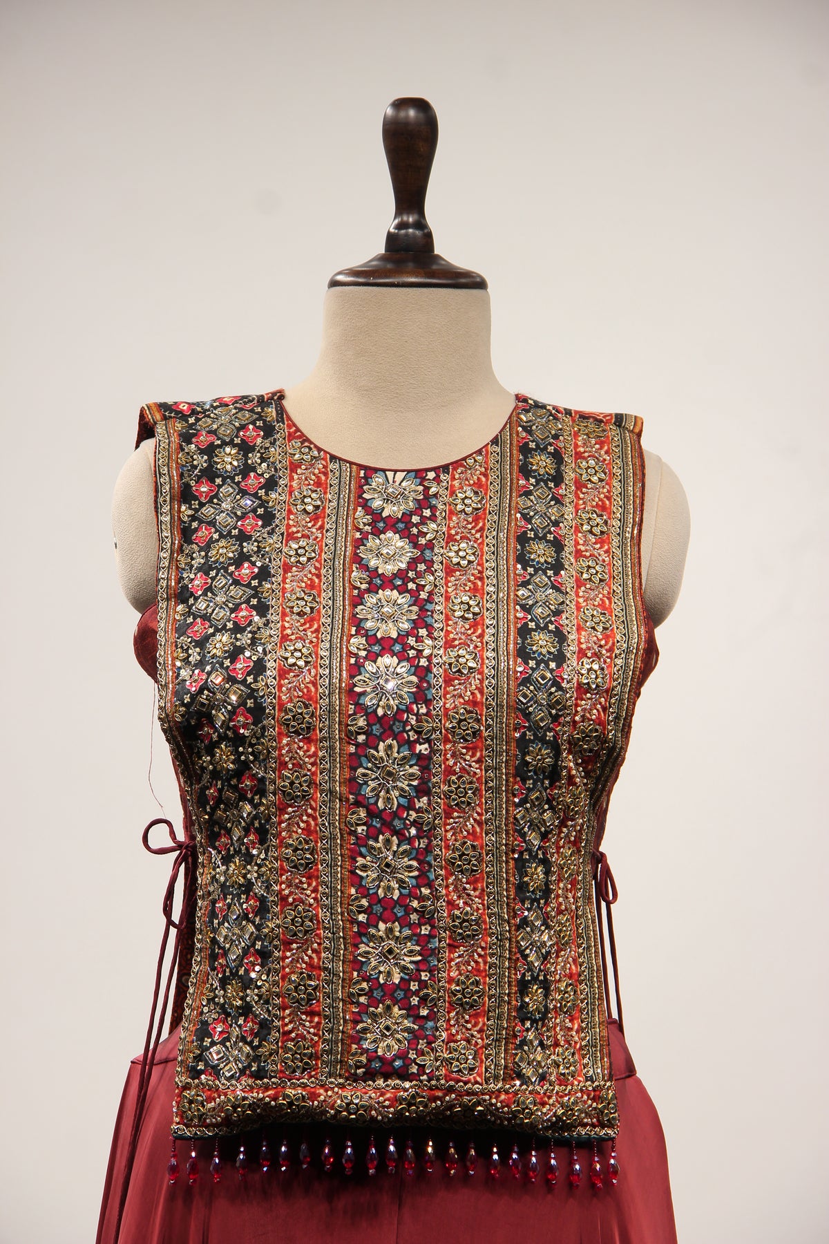 Maroon Crepe Indo Western Poncho Palazzo with Mirror & Zari Handwork – front close-up
