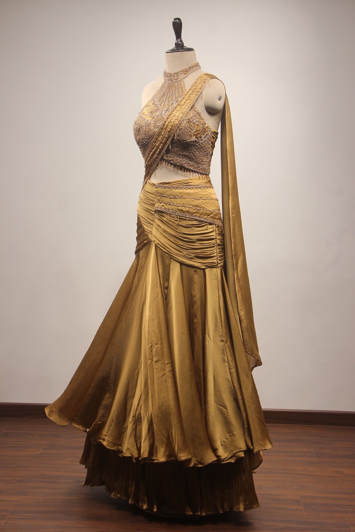 Gold Crepe Mermaid Lehenga with Bead & Cut Dana Handwork Drape Skirt