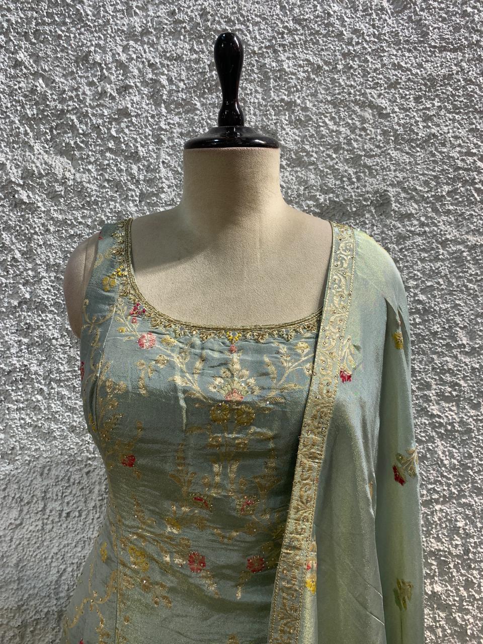 banarasi tissue sharara suit embroidred work