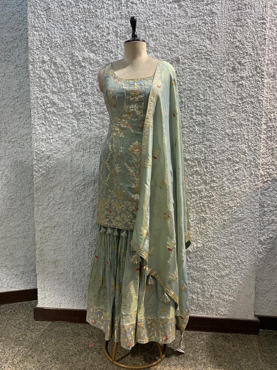 banarasi tissue sharara suit embroidred work