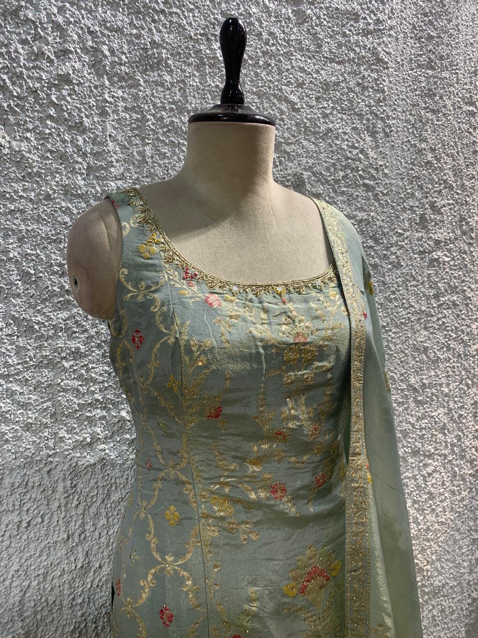 banarasi tissue sharara suit embroidred work