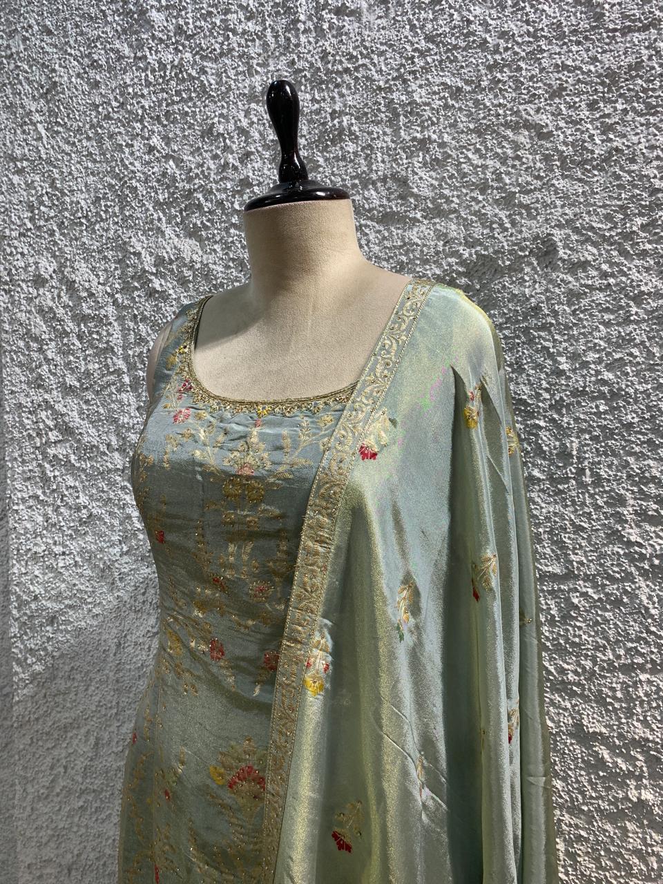 banarasi tissue sharara suit embroidred work