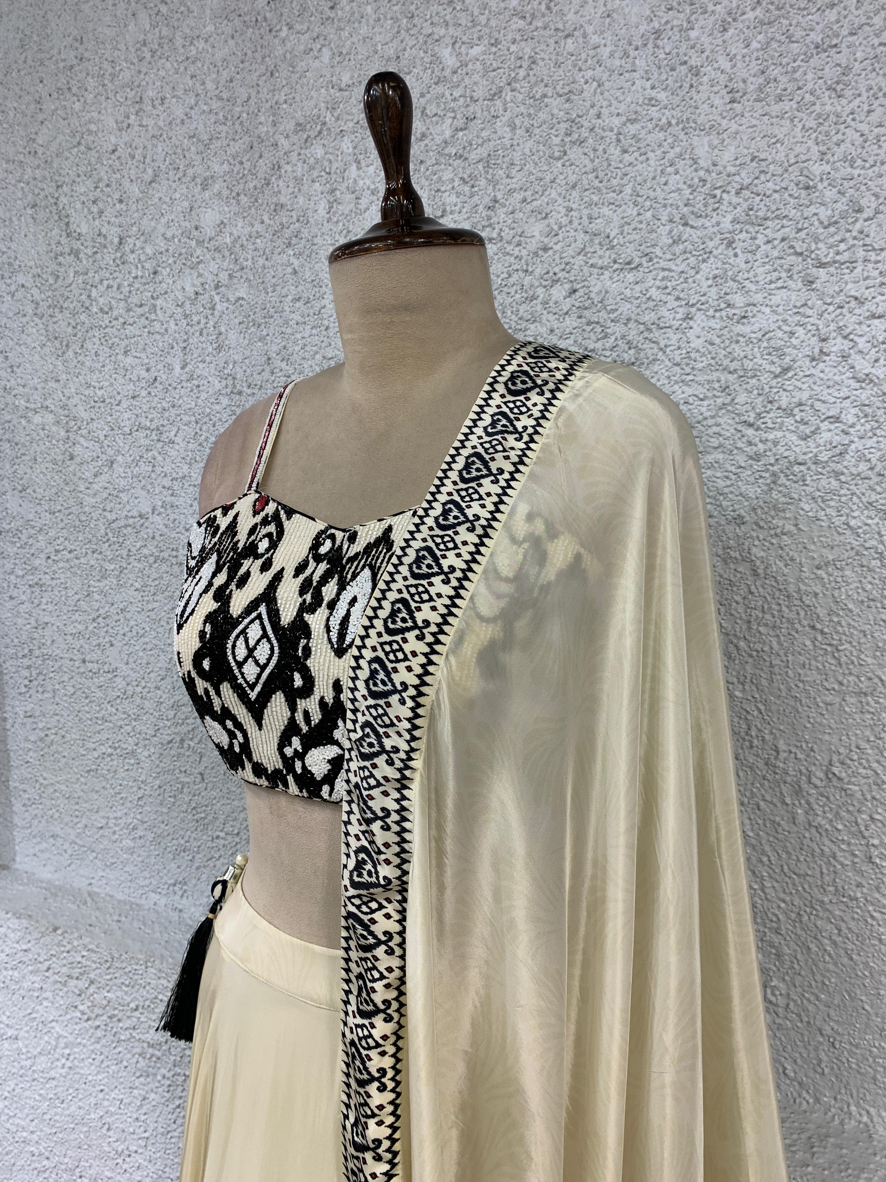 printed lehenga dupatta embroidered work blouse-side