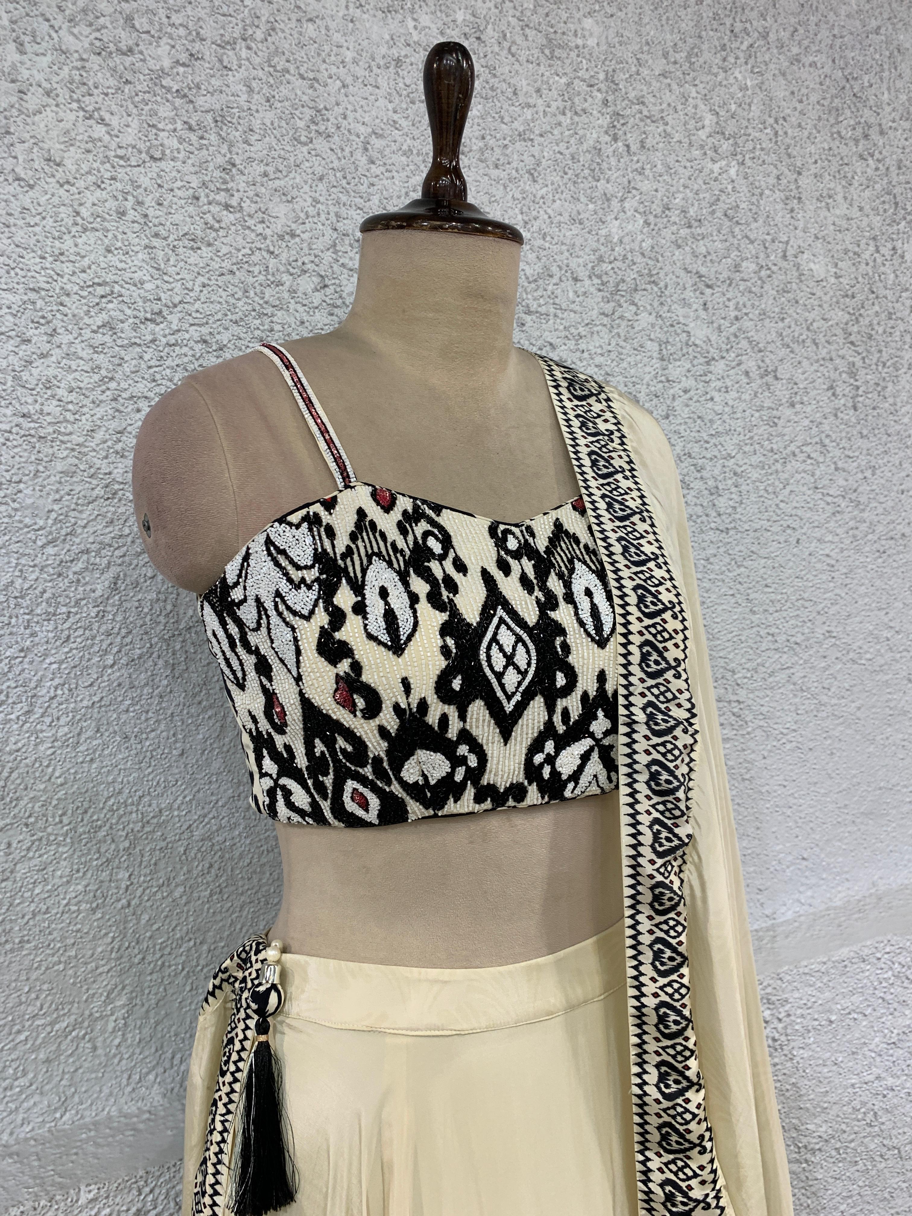printed lehenga dupatta embroidered work blouse-side