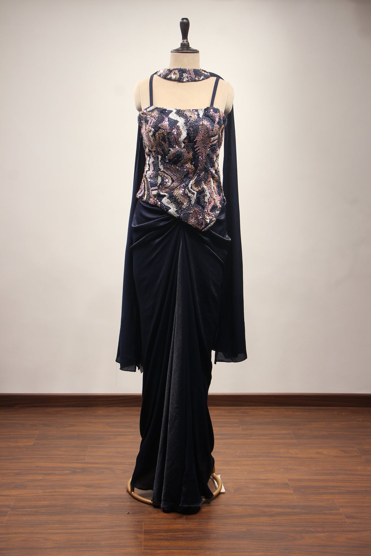 Navy Blue Satin Indo Western with Hand Embroidery & Cut Dana Handwork – front view
