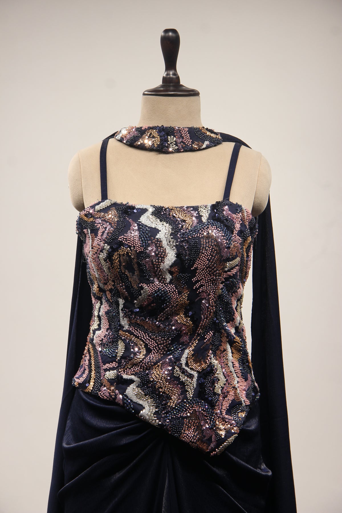 Navy Blue Satin Indo Western with Hand Embroidery & Cut Dana Handwork – front close-up