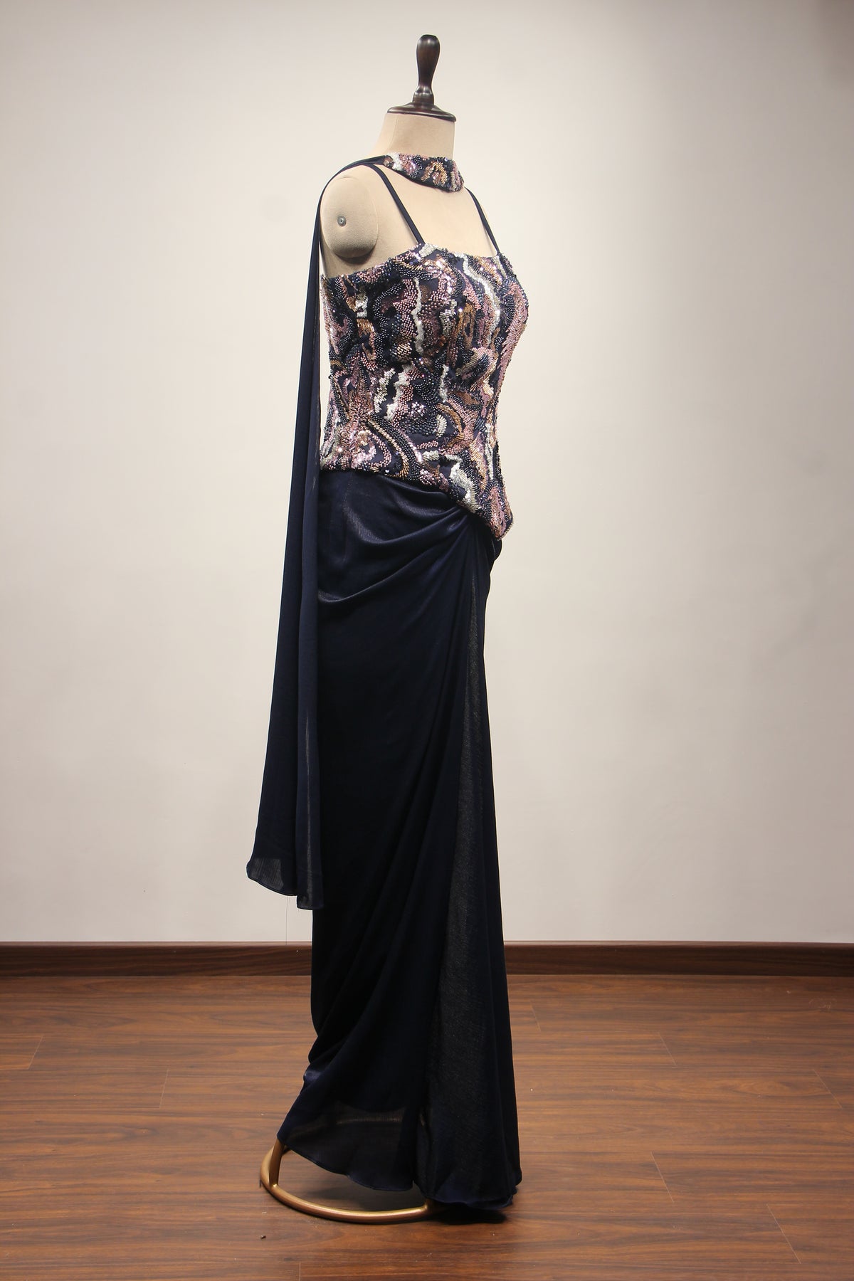 Navy Blue Satin Indo Western with Hand Embroidery & Cut Dana Handwork – other side view