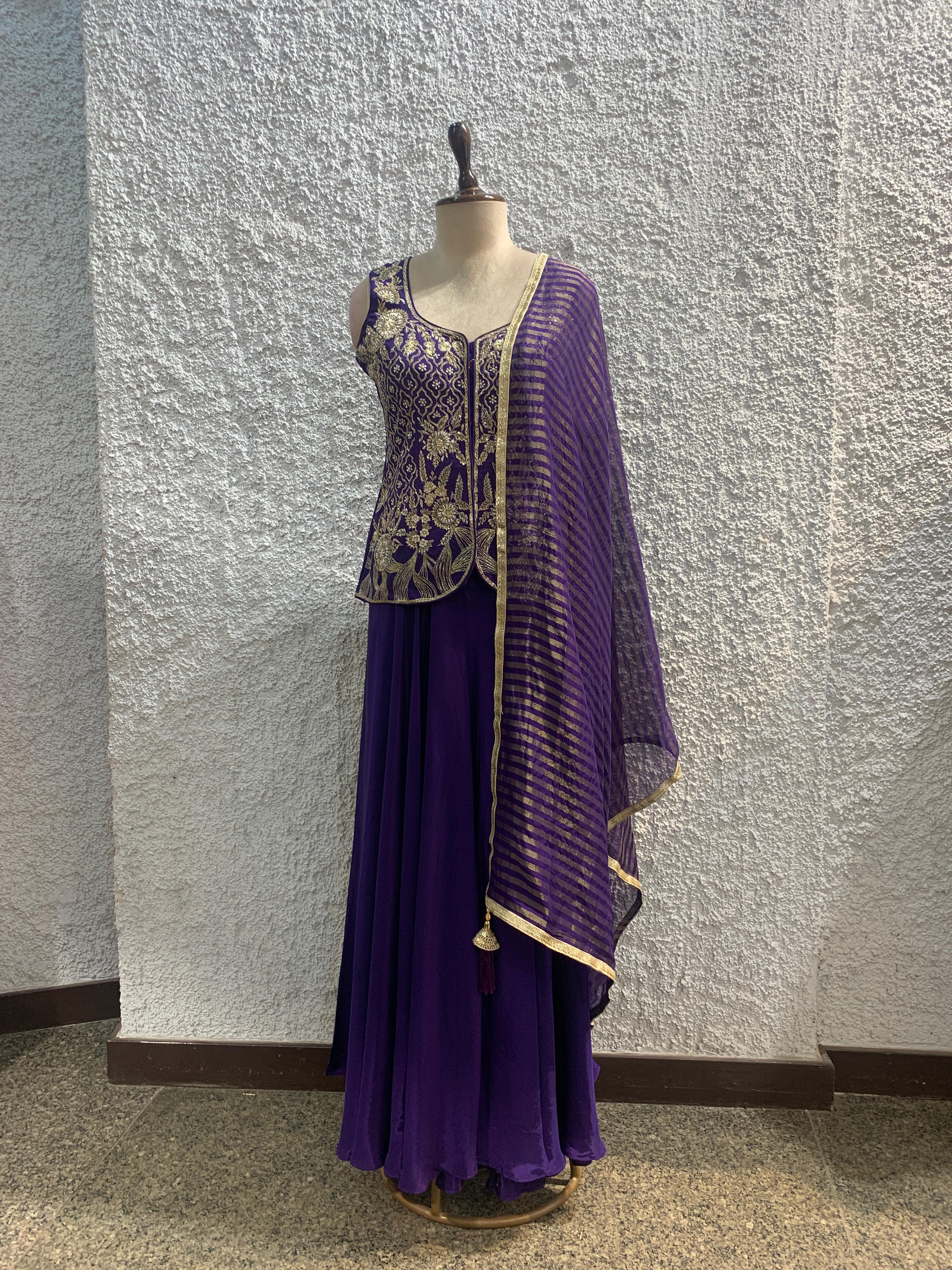 Indo-Western crape silk palazzo suit with cutdana and zari embroidered work-main