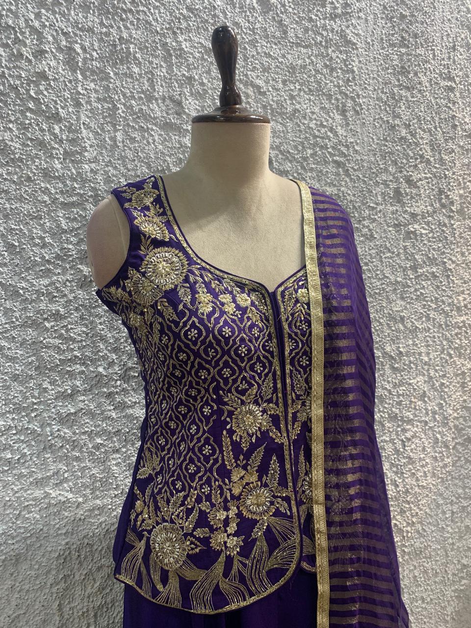 Indo-Western crape silk palazzo suit with cutdana and zari embroidered work-side