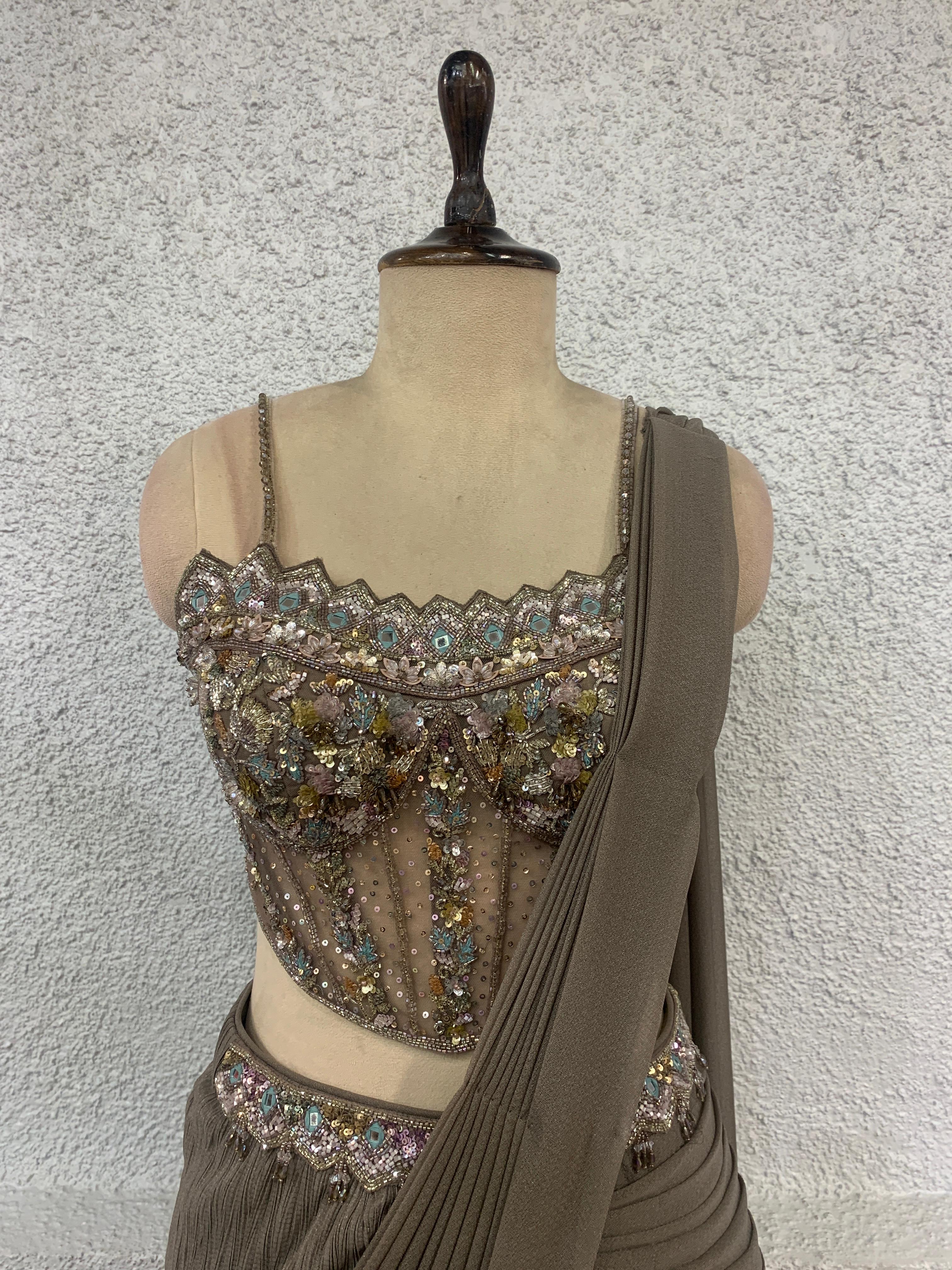 drape saree with handwork corset blouse-focus