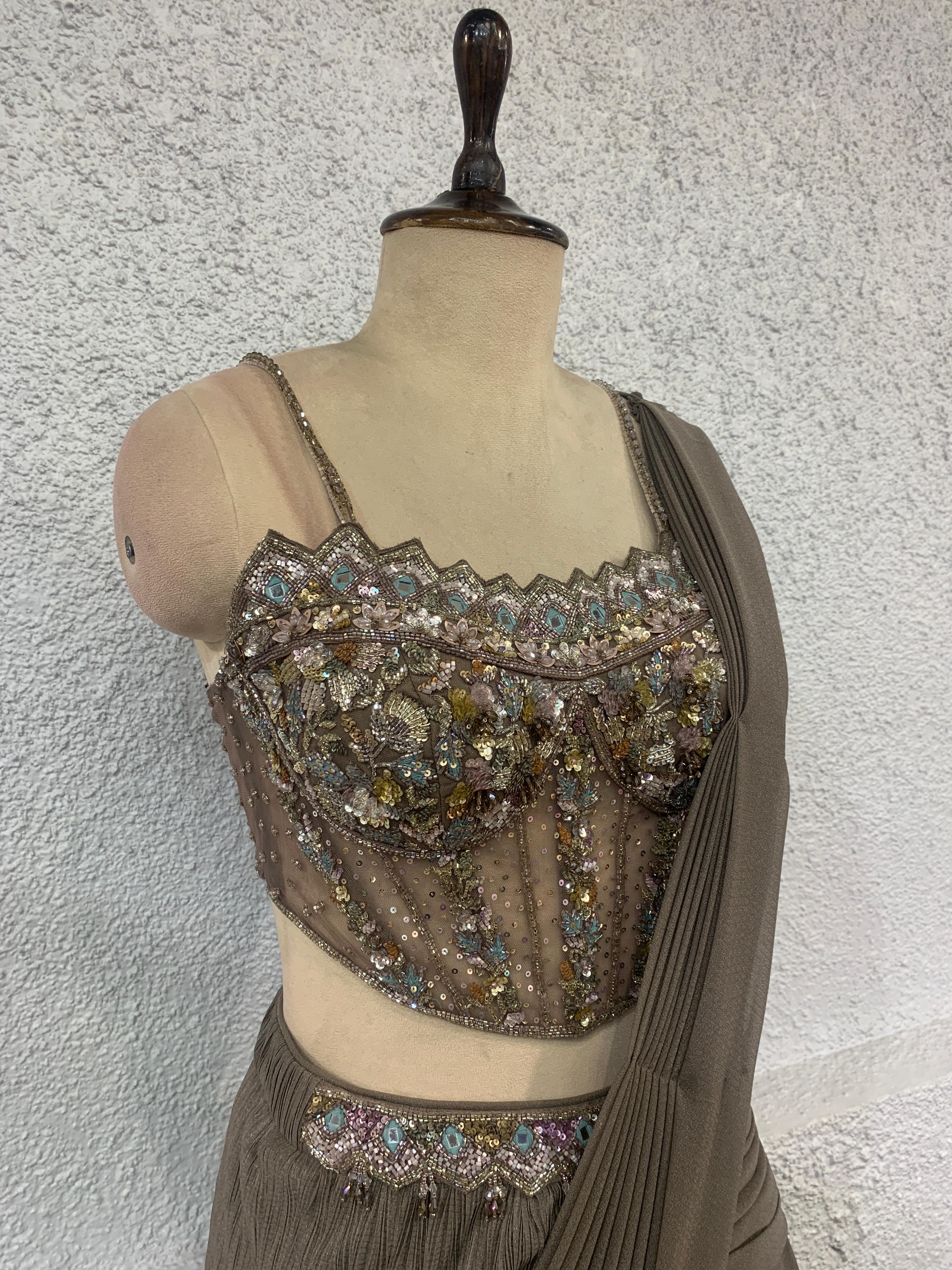 drape saree with handwork corset blouse-side