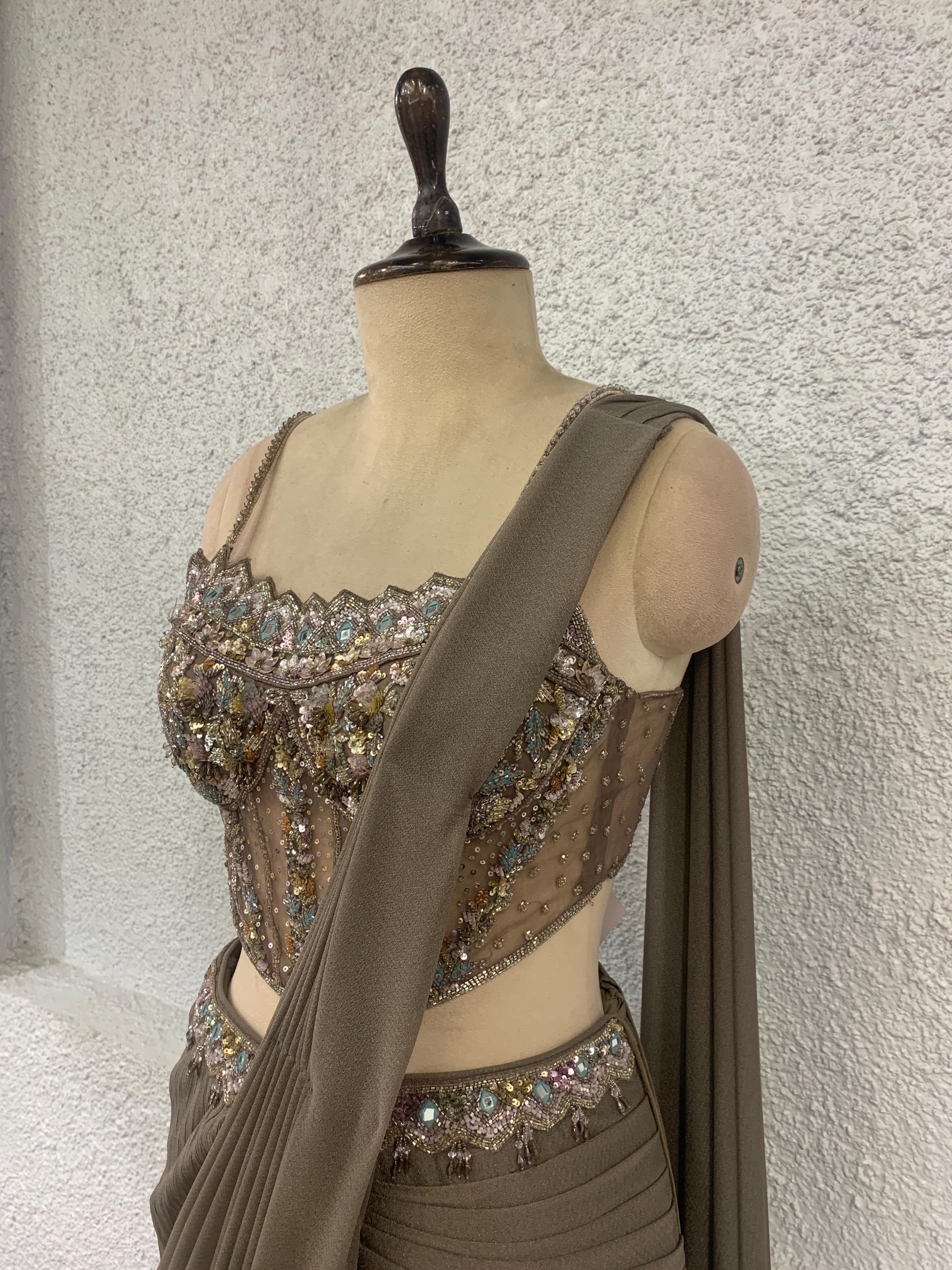 drape saree with handwork corset blouse-side