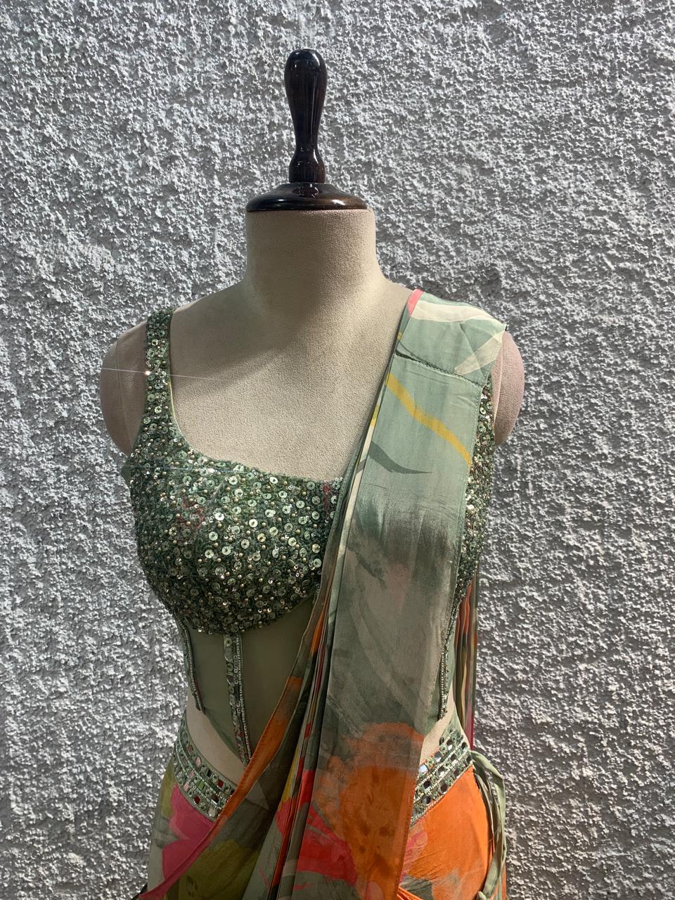 embroidery printed drape saree with handwork corset blouse-focus