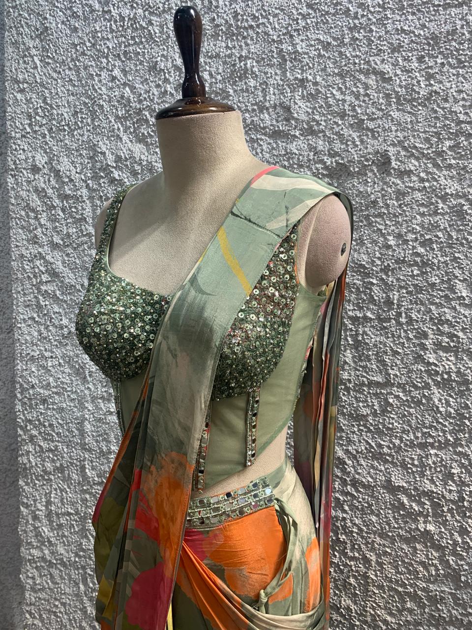 embroidery printed drape saree with handwork corset blouse-side