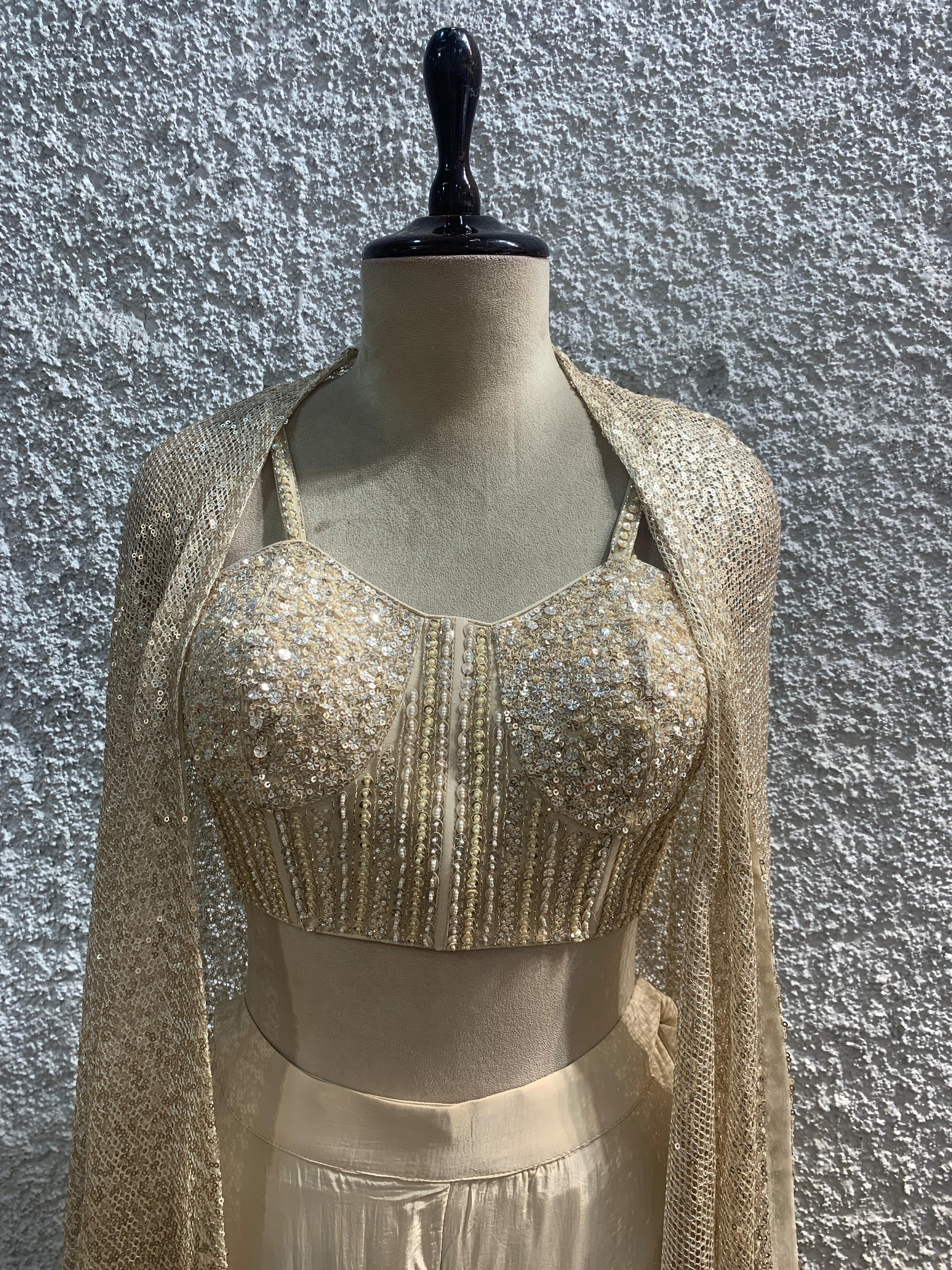 Indo-Western sequin shrug palazzo embroidered work corset blouse-focus