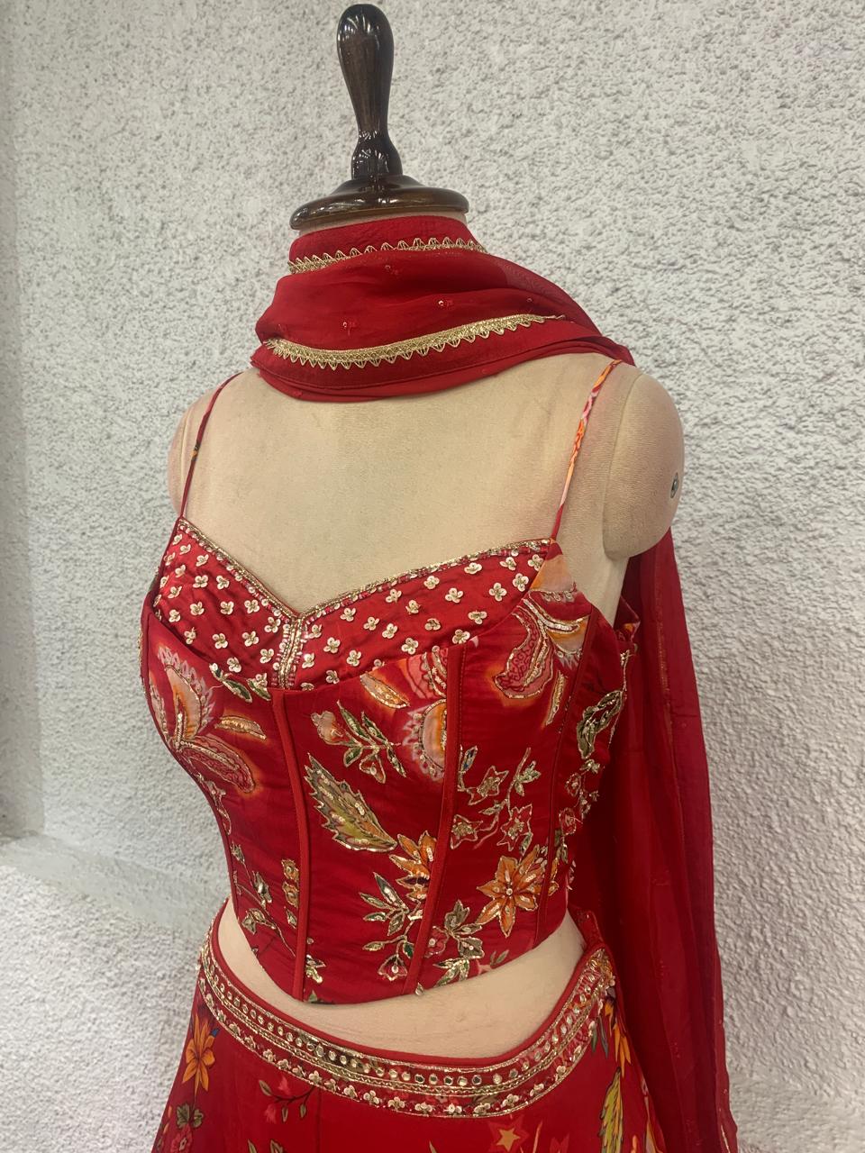 embroidery printed crepe lehenga with handwork corset blouse-side