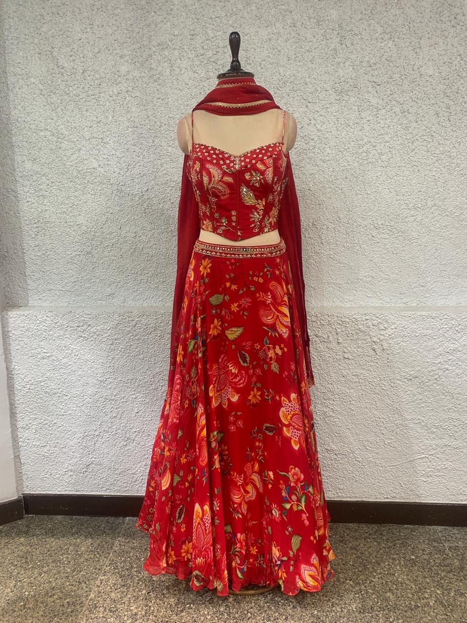 embroidery printed crepe lehenga with handwork corset blouse-main