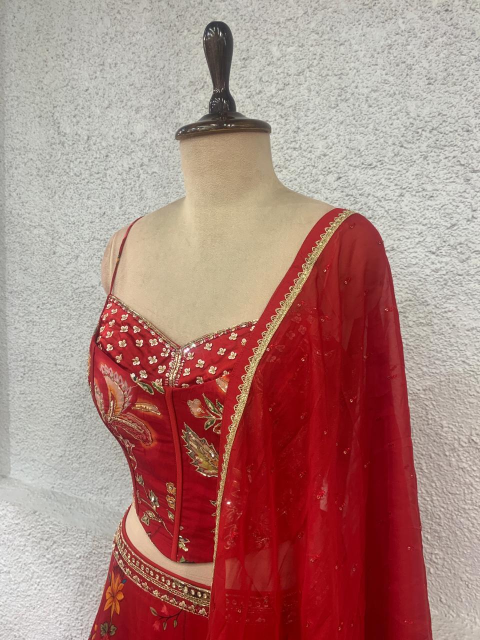embroidery printed crepe lehenga with handwork corset blouse-side