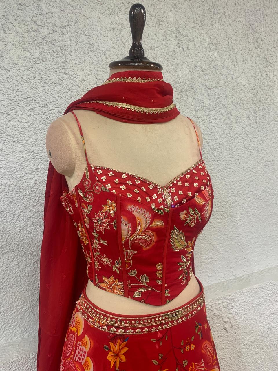 embroidery printed crepe lehenga with handwork corset blouse-side