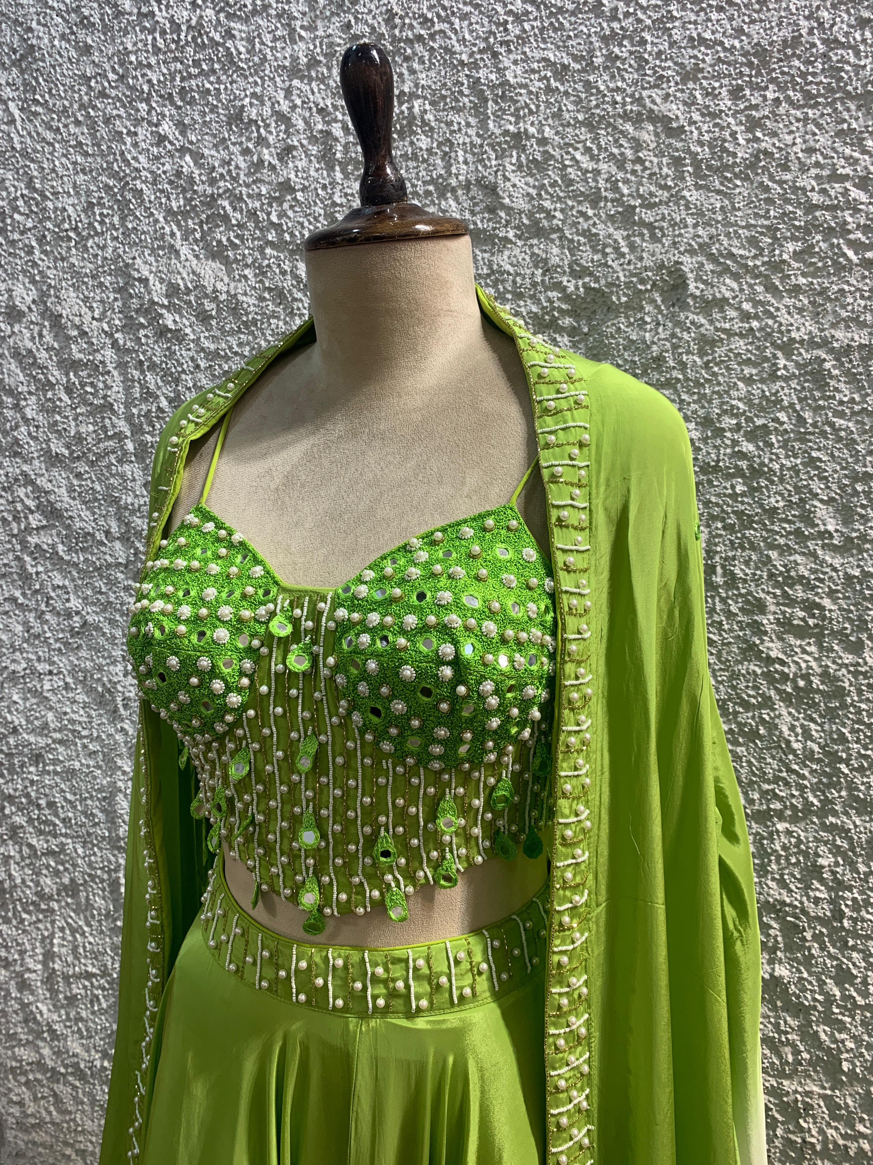 ombre lehenga with shrug embroidered mirrorwork corset blouse-side