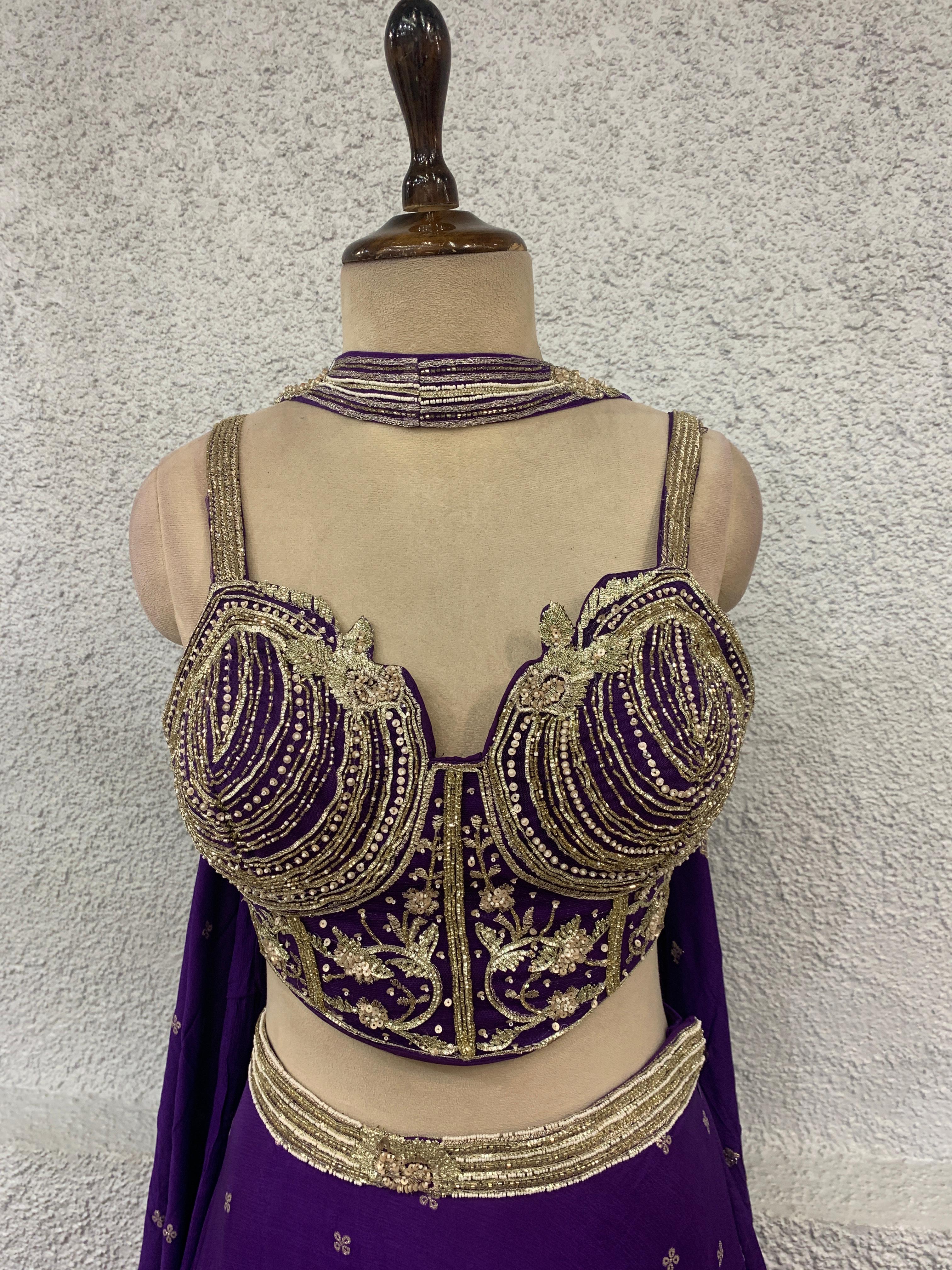 embroidery crepe lehenga with handwork corset blouse-focus