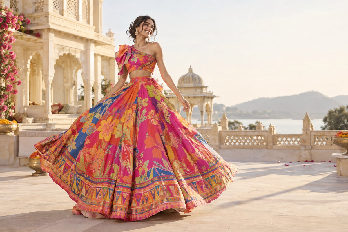 Woman in a vibrant multicolour carnival lehenga moving across a warm palace terrace