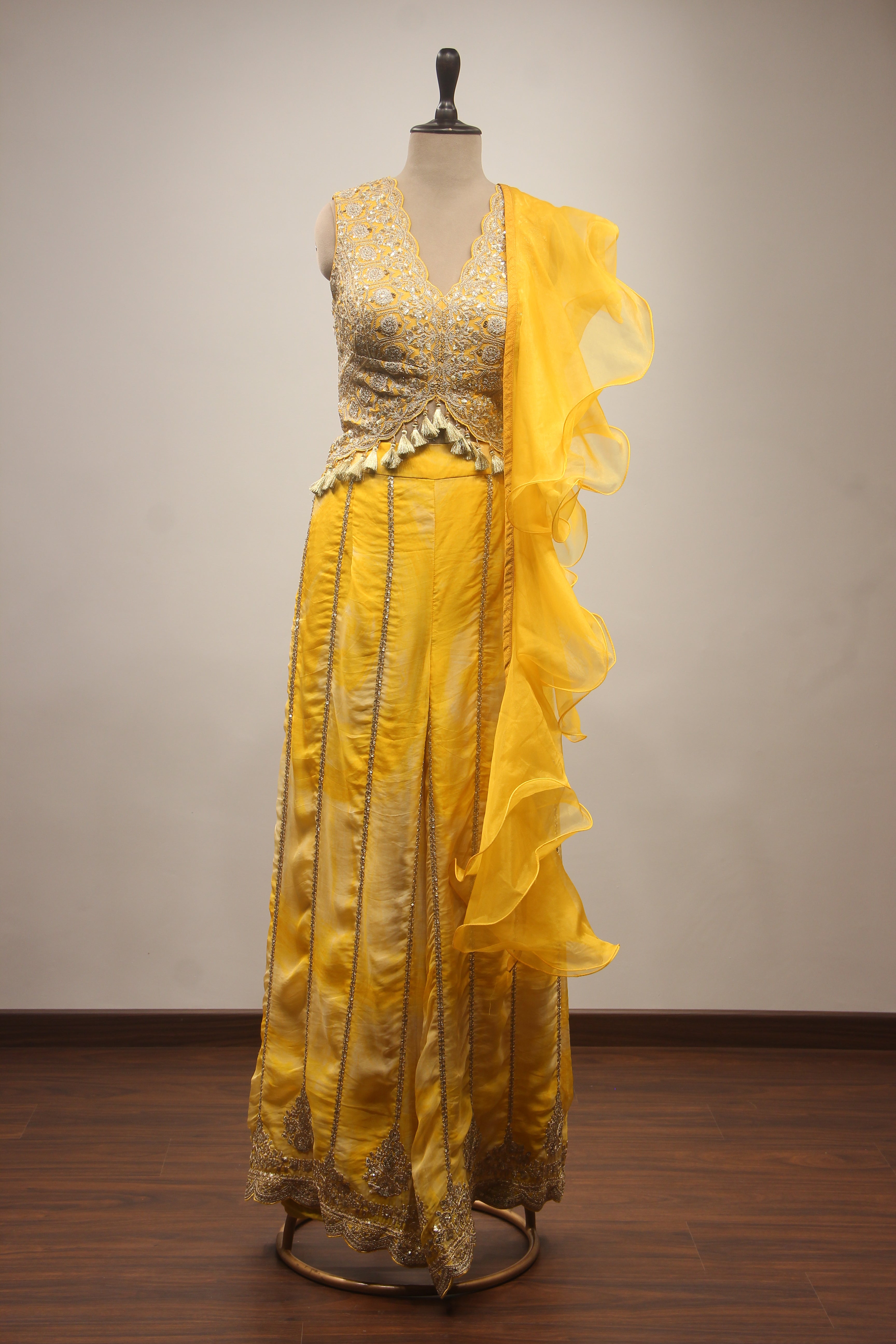 Red Chanderi Hand Embroidery,Bead Work Drape Saree - Main