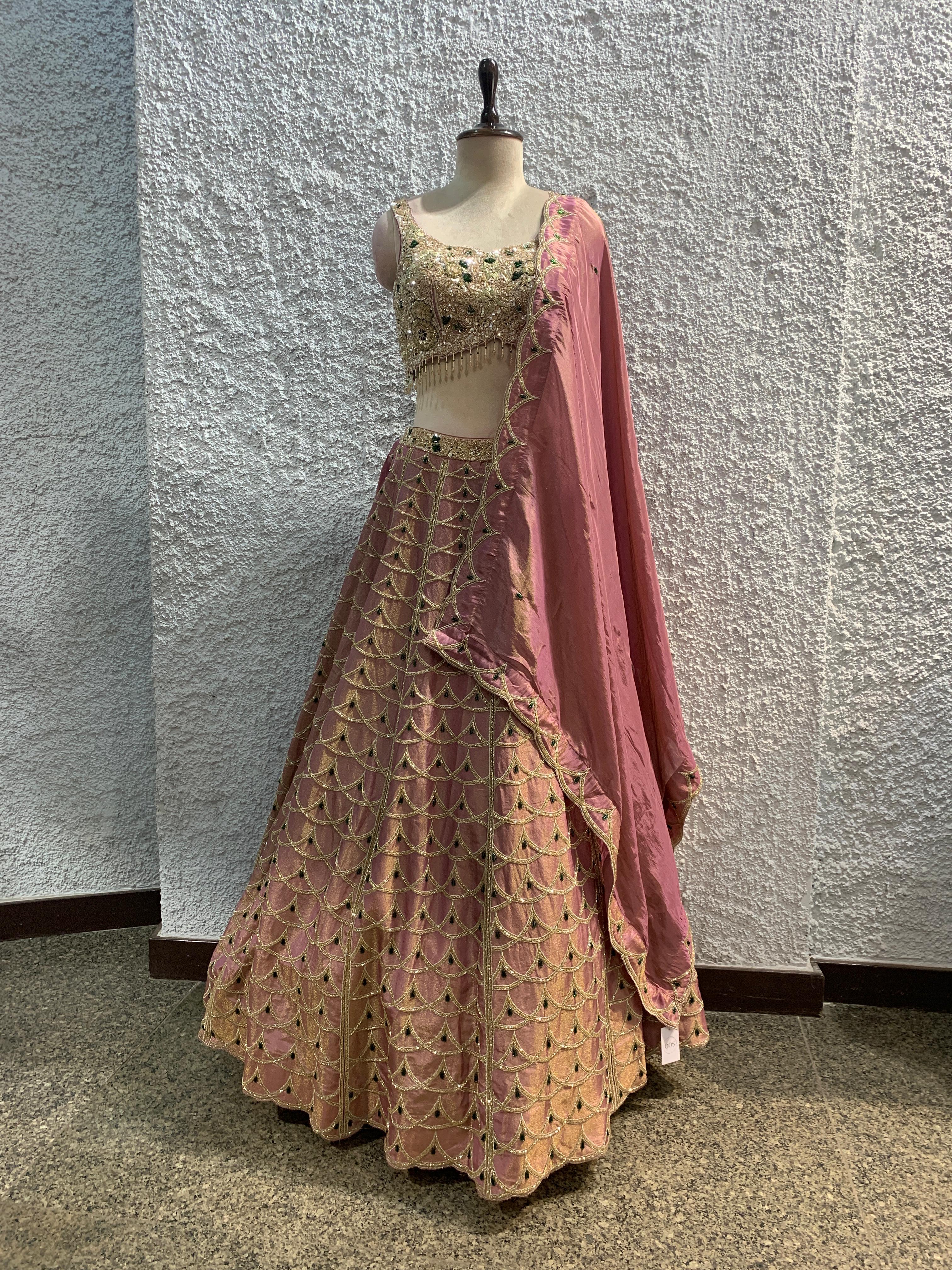 pink shimmer tissue Lehenga with green stone +embroidery lehenga with handwork blouse by OOS – women's ethnic wear – main view