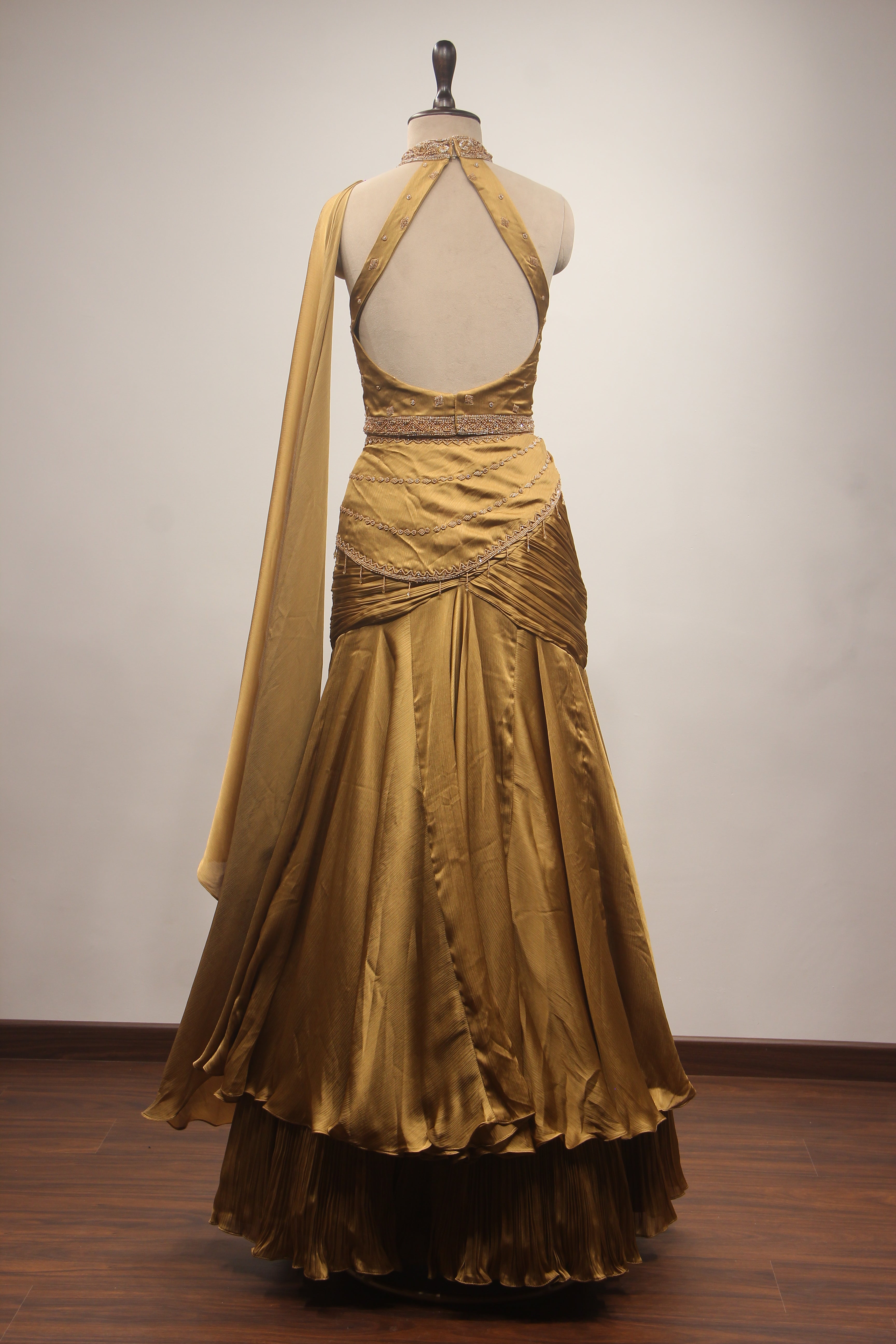 Gold Crepe Mermaid Lehenga with Bead & Cut Dana Handwork Drape Skirt