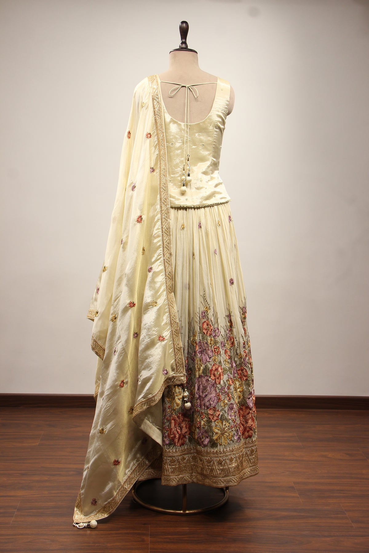 Cream Tissue Lehenga with Printed & Resham Handwork Long Top