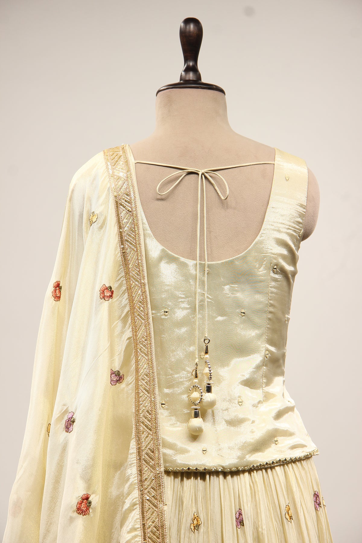 Cream Tissue Lehenga with Printed & Resham Handwork Long Top