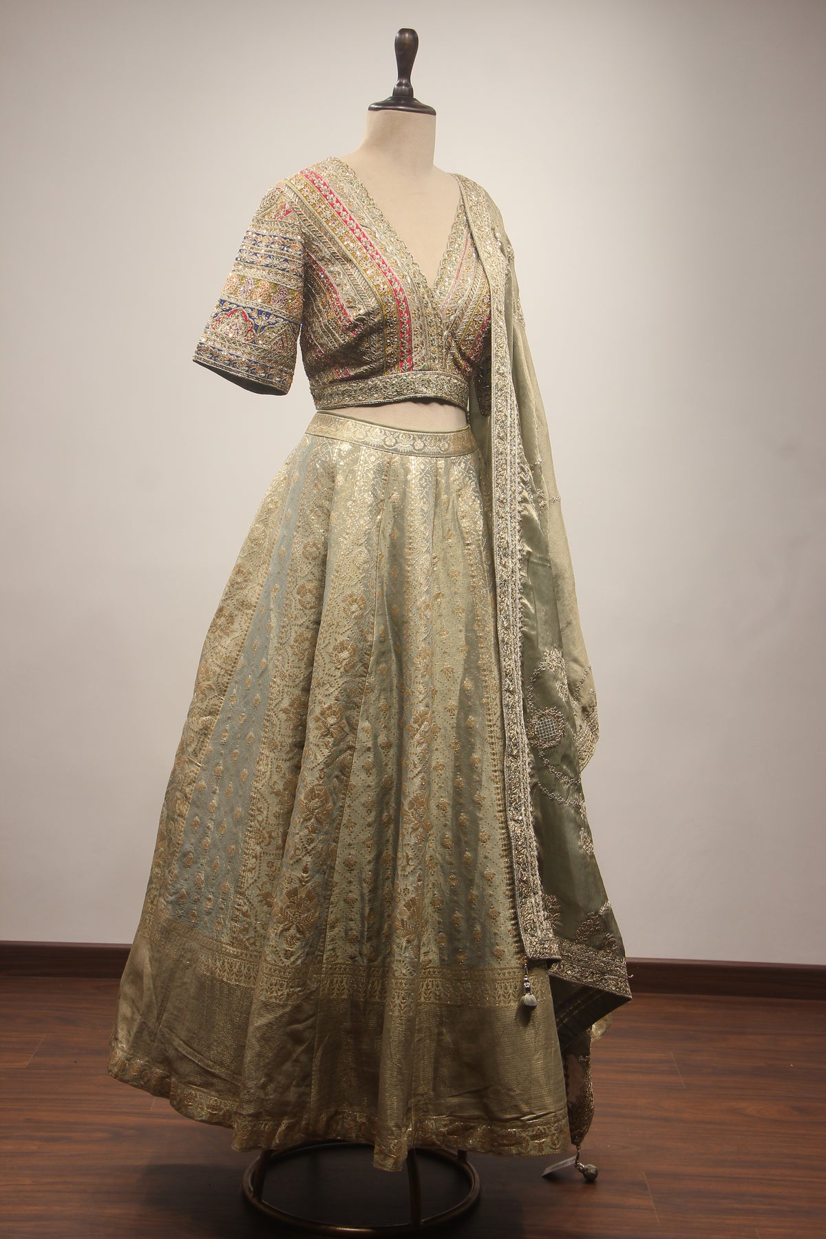 Olive Green Banarasi Brocade-Tissue Lehenga with Zardozi & Sequin Handwork Crop Top