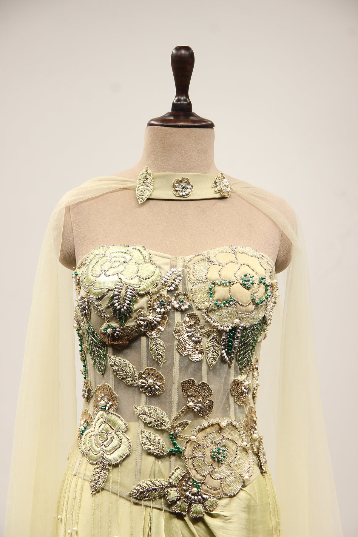 Pista Green Satin Indo Western with Hand Embroidery & Resham Handwork – front close-up
