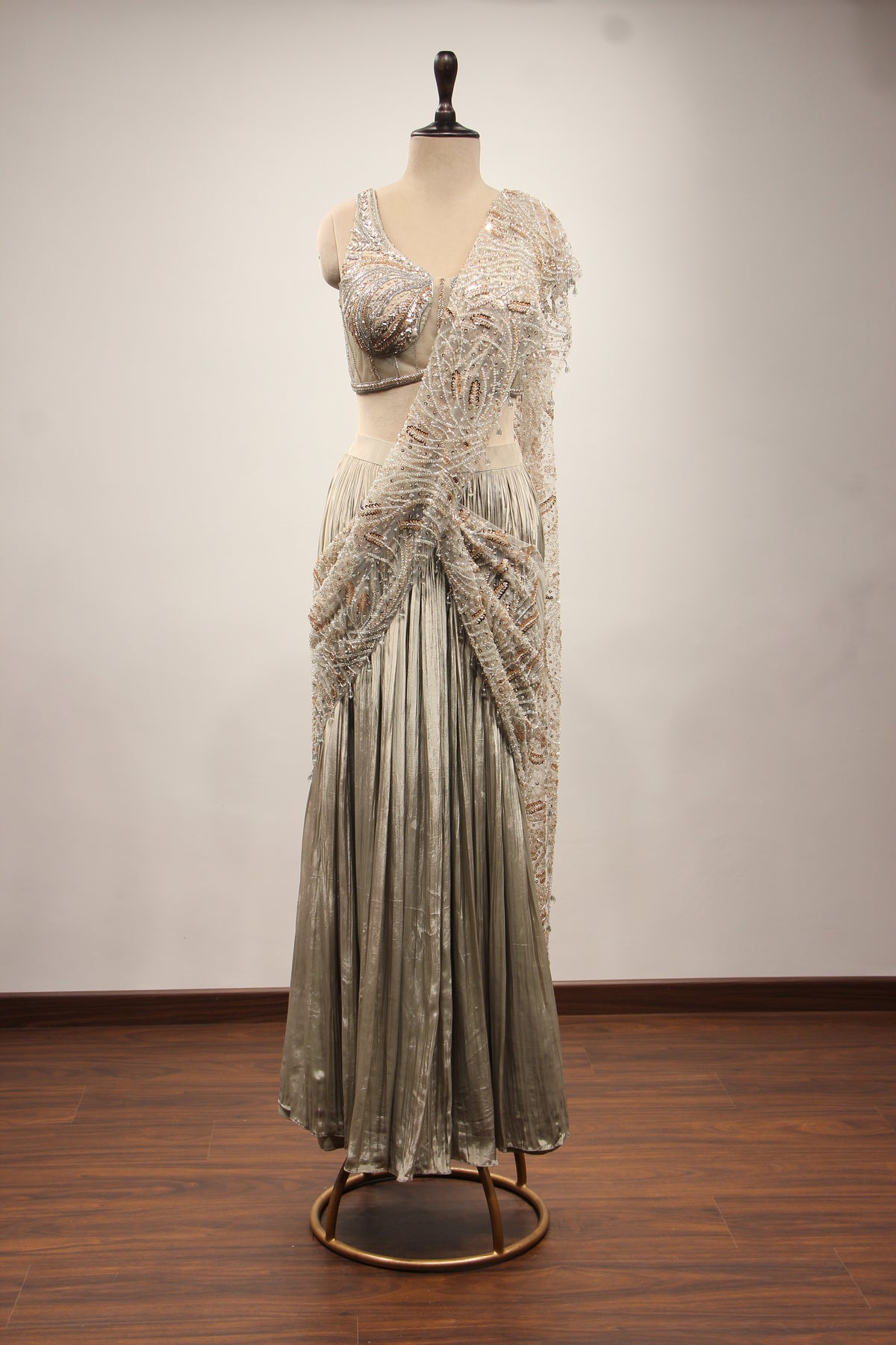 Crepe Drape Saree with Cut Dana & Sequin Handwork Net Corset