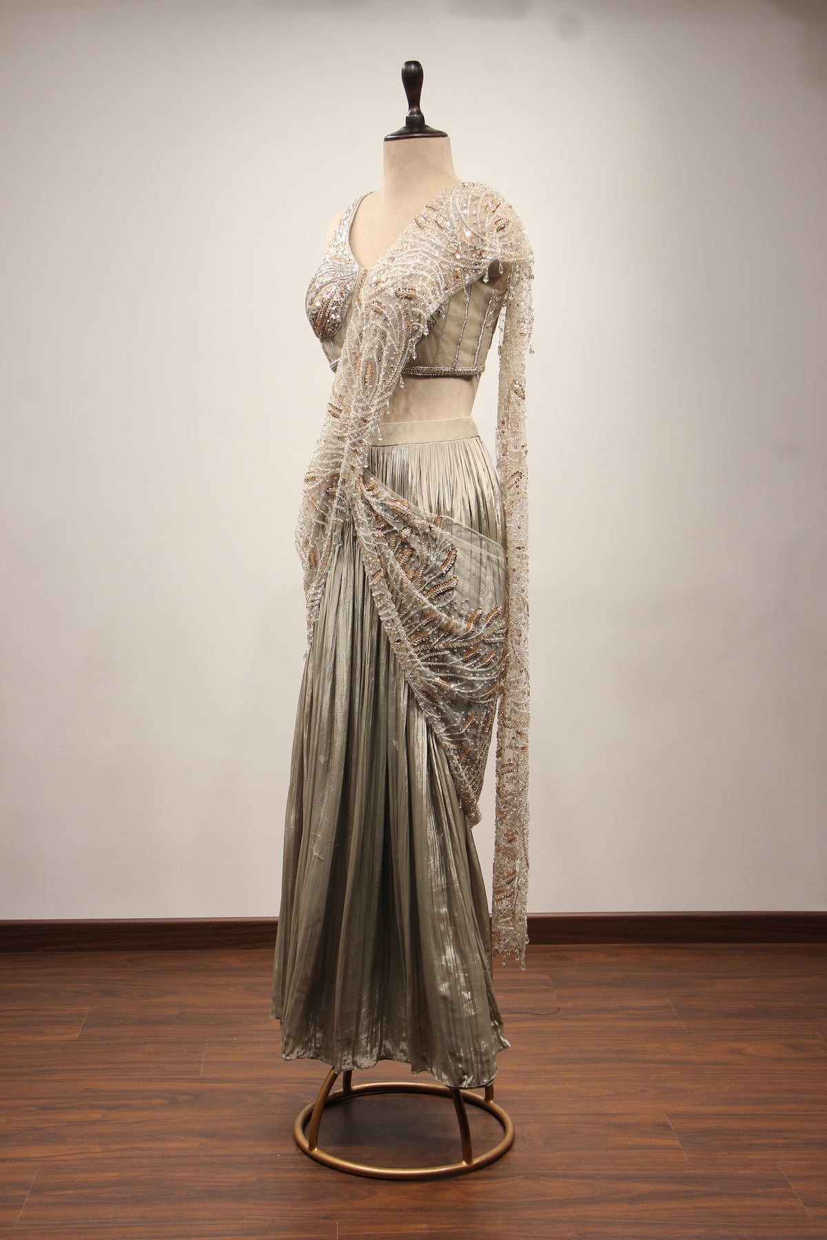 Crepe Drape Saree with Cut Dana & Sequin Handwork Net Corset