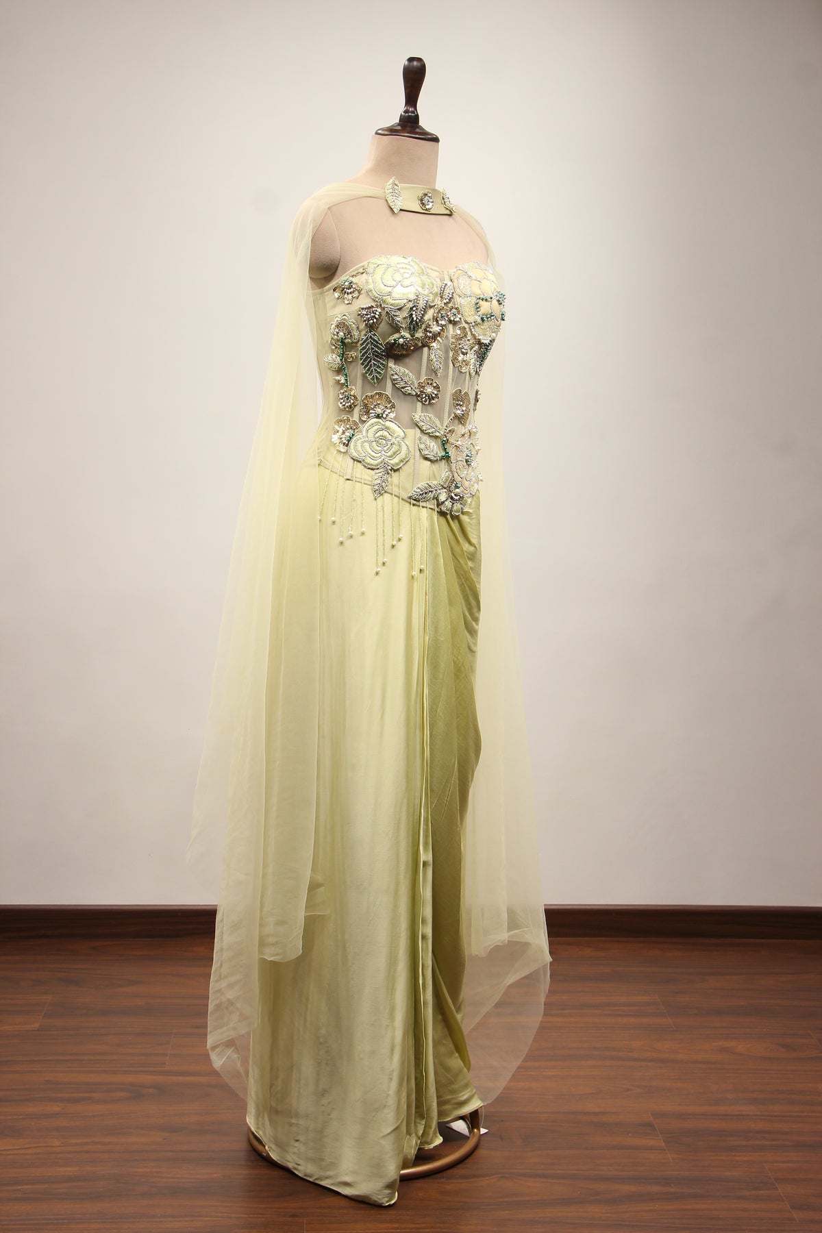 Pista Green Satin Indo Western with Hand Embroidery & Resham Handwork – other side view