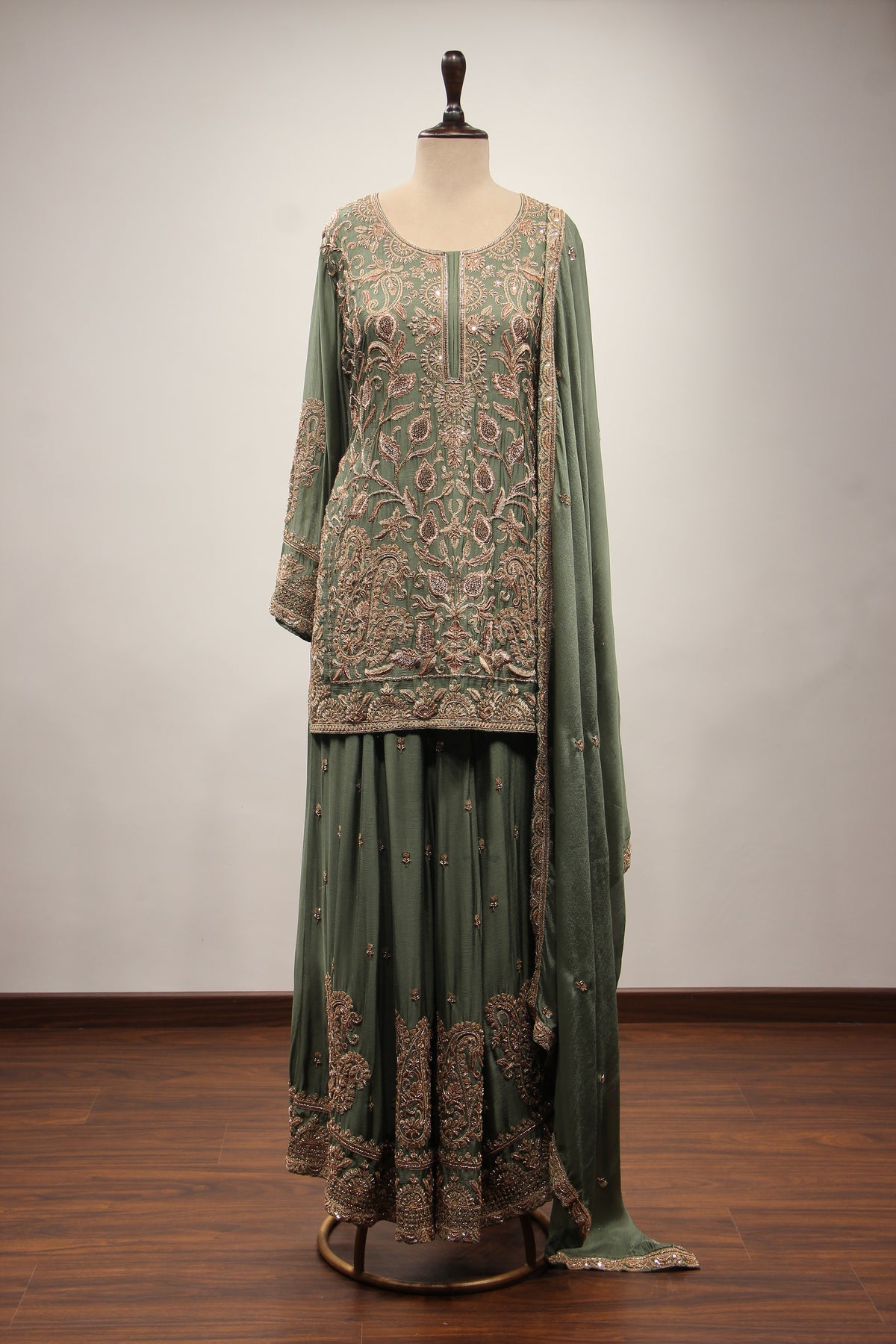 GREEN Crepe Sharara with Cut Dana and Resham work by OOS — product image 1