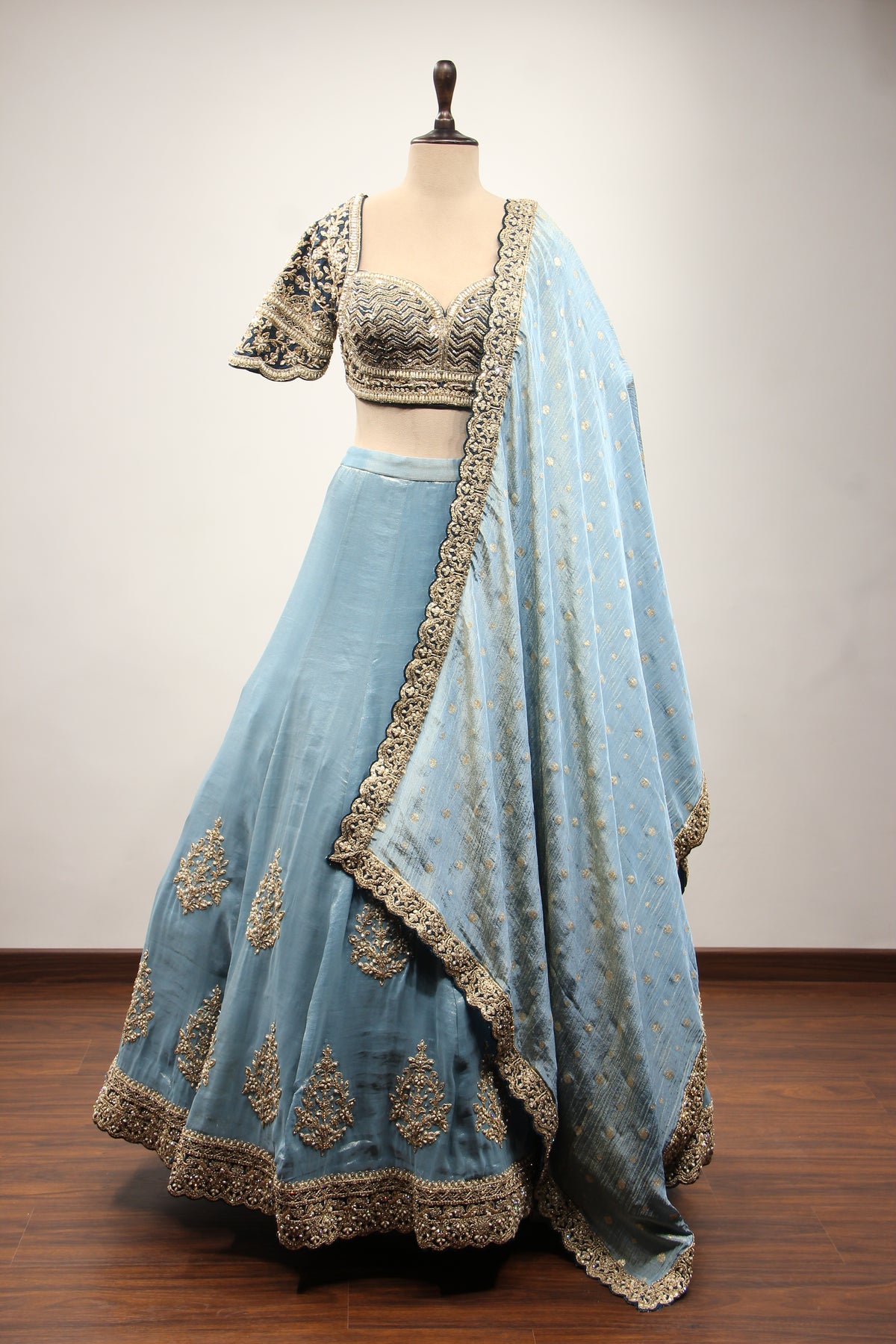 Blue Tissue Lehenga with Zari & Zardozi Handwork Sweetheart Crop Top – front view