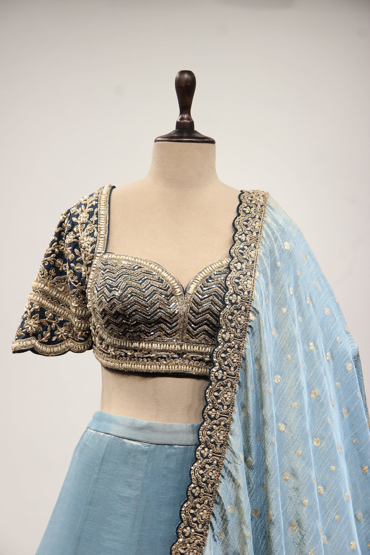 Blue Tissue Lehenga with Zari & Zardozi Handwork Sweetheart Crop Top – front close-up