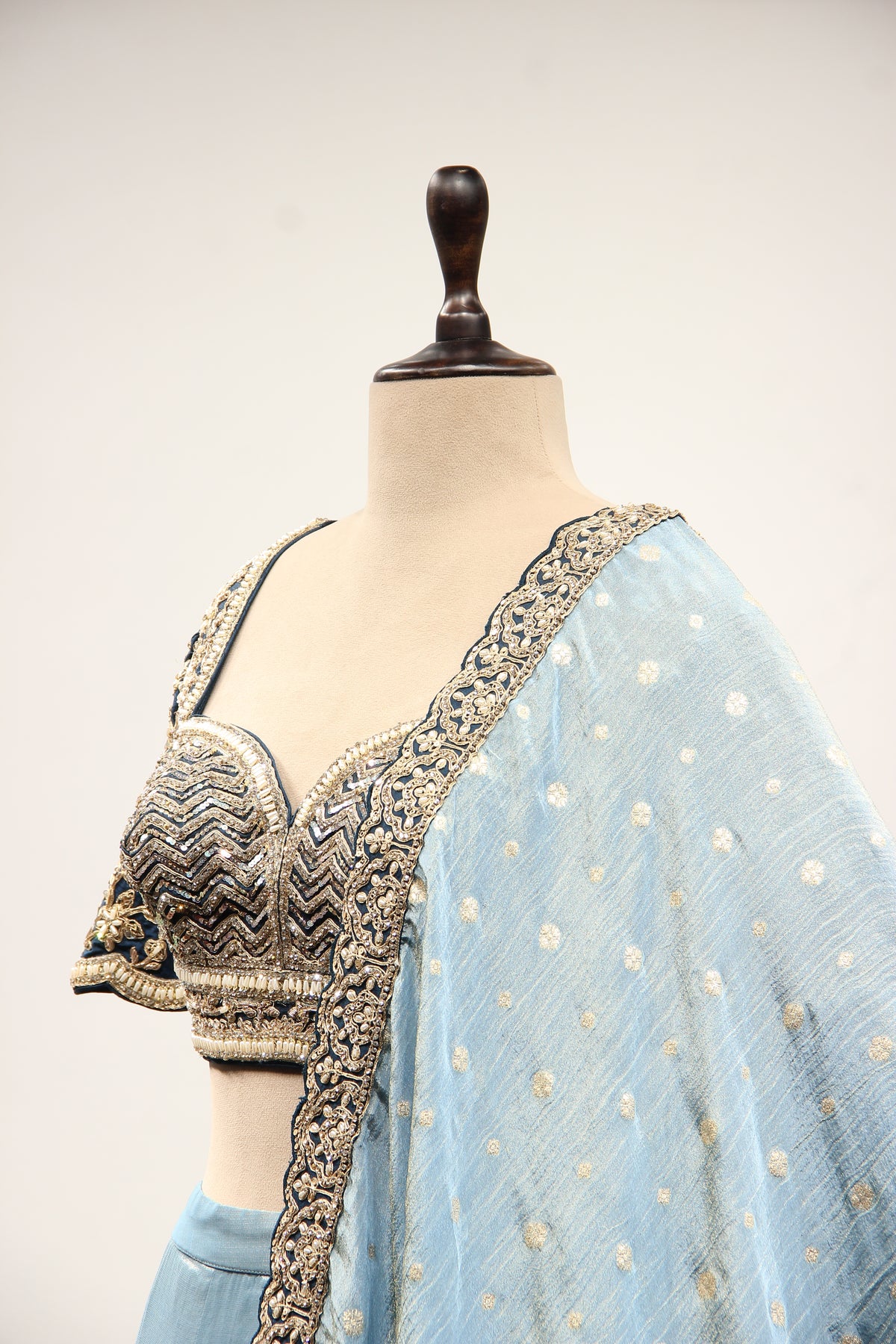 Blue Tissue Lehenga with Zari & Zardozi Handwork Sweetheart Crop Top – side close-up