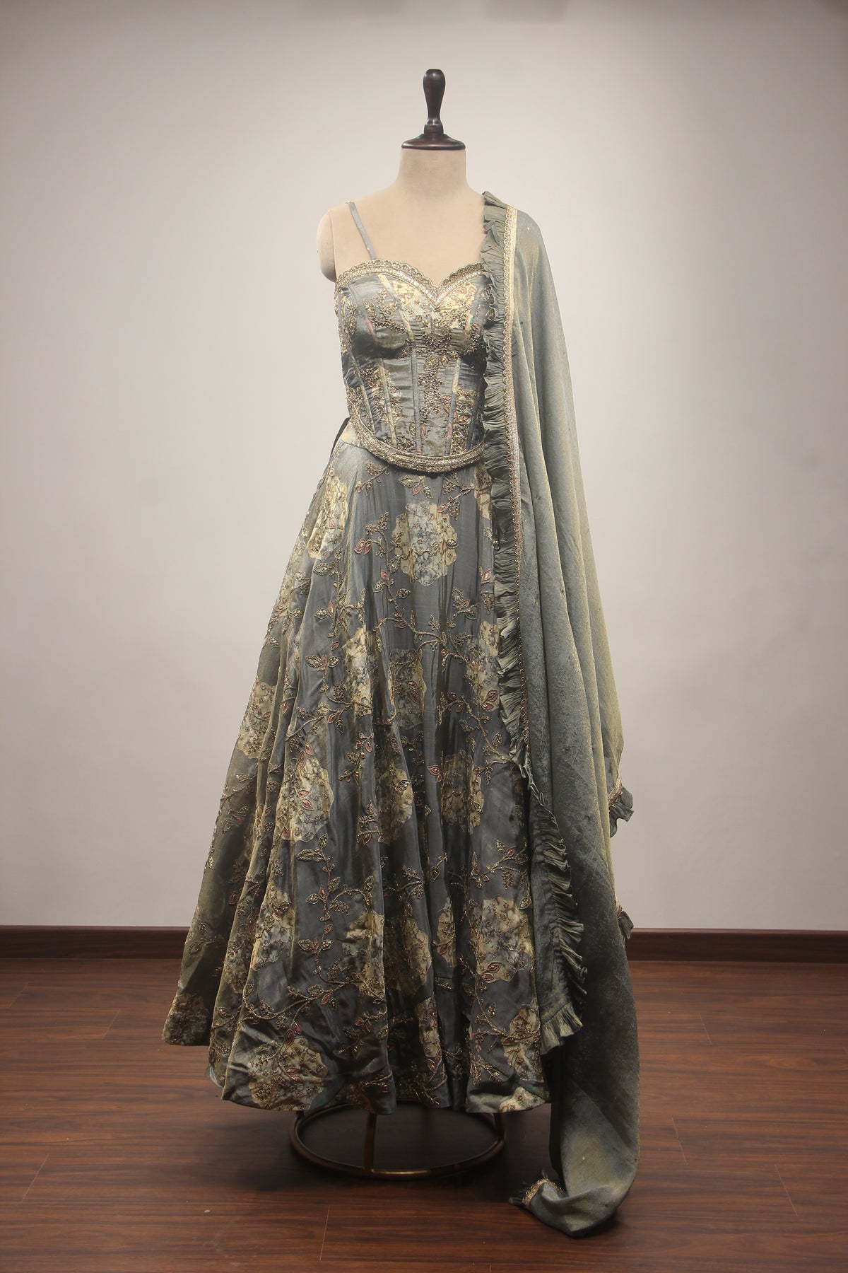 Grey Tissue Lehenga with Zari & Sequin Handwork Corset Blouse