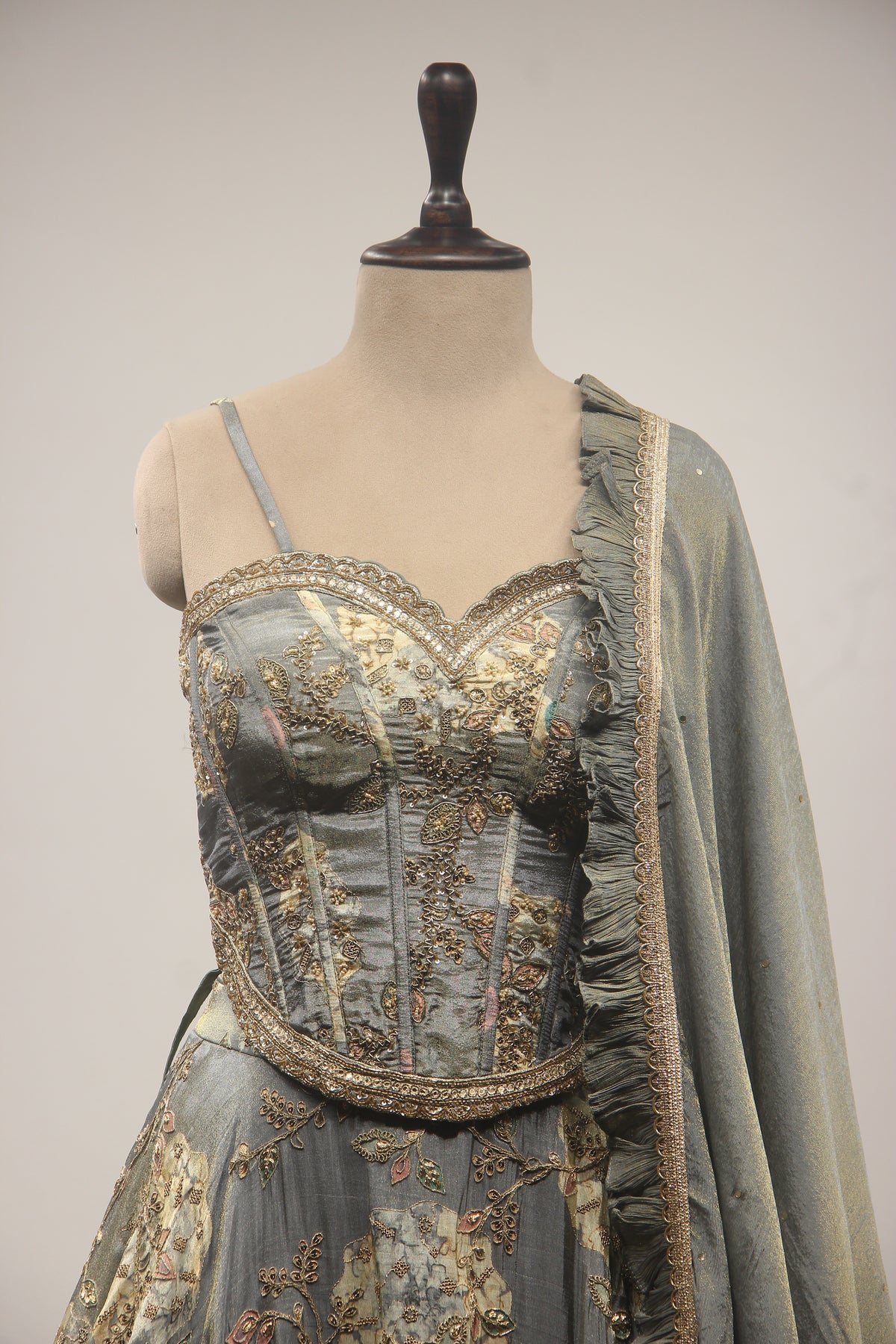 Grey Tissue Lehenga with Zari & Sequin Handwork Corset Blouse