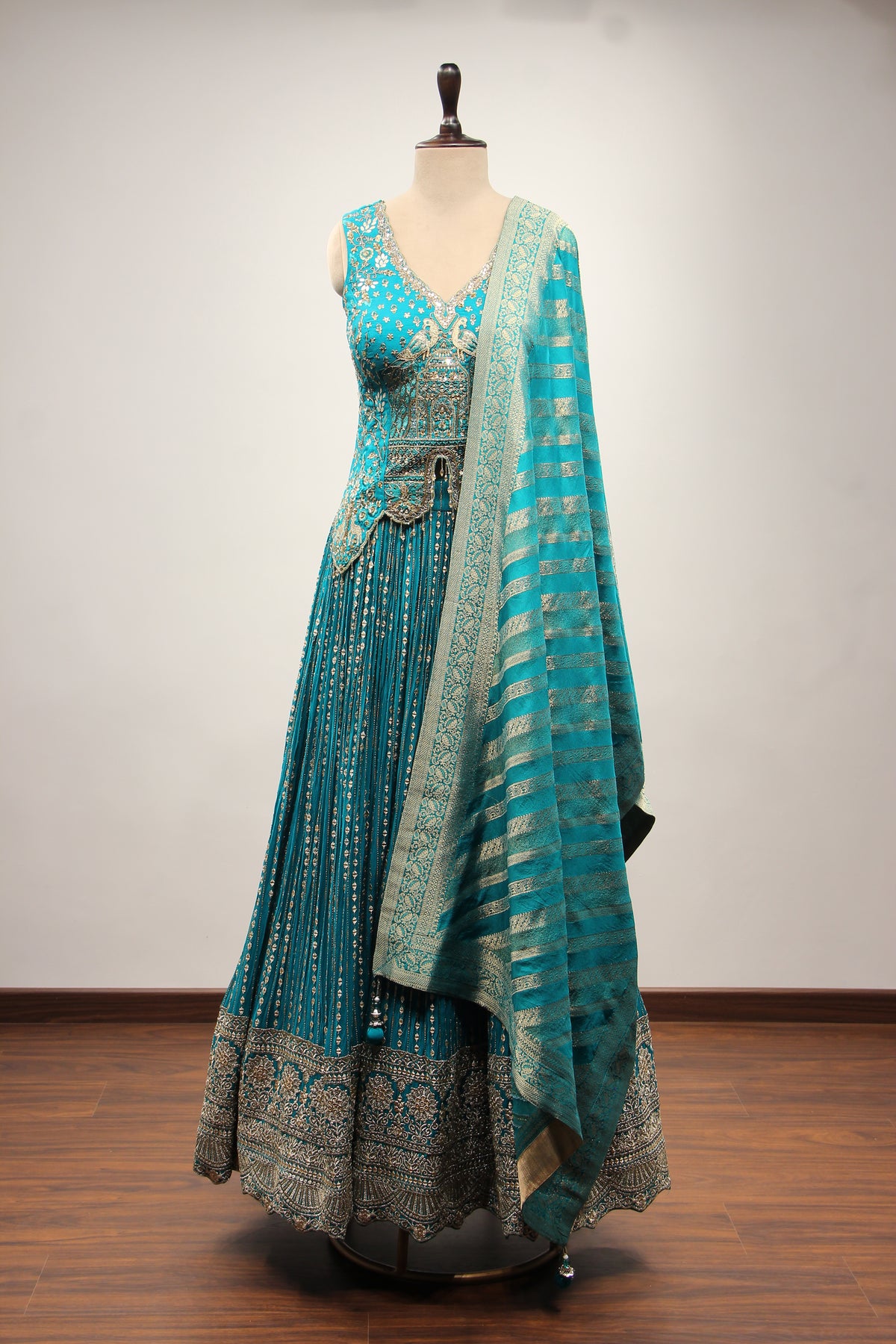 Rama Green Crepe Lehenga with Mirror & Gota Patti Handwork Long Top