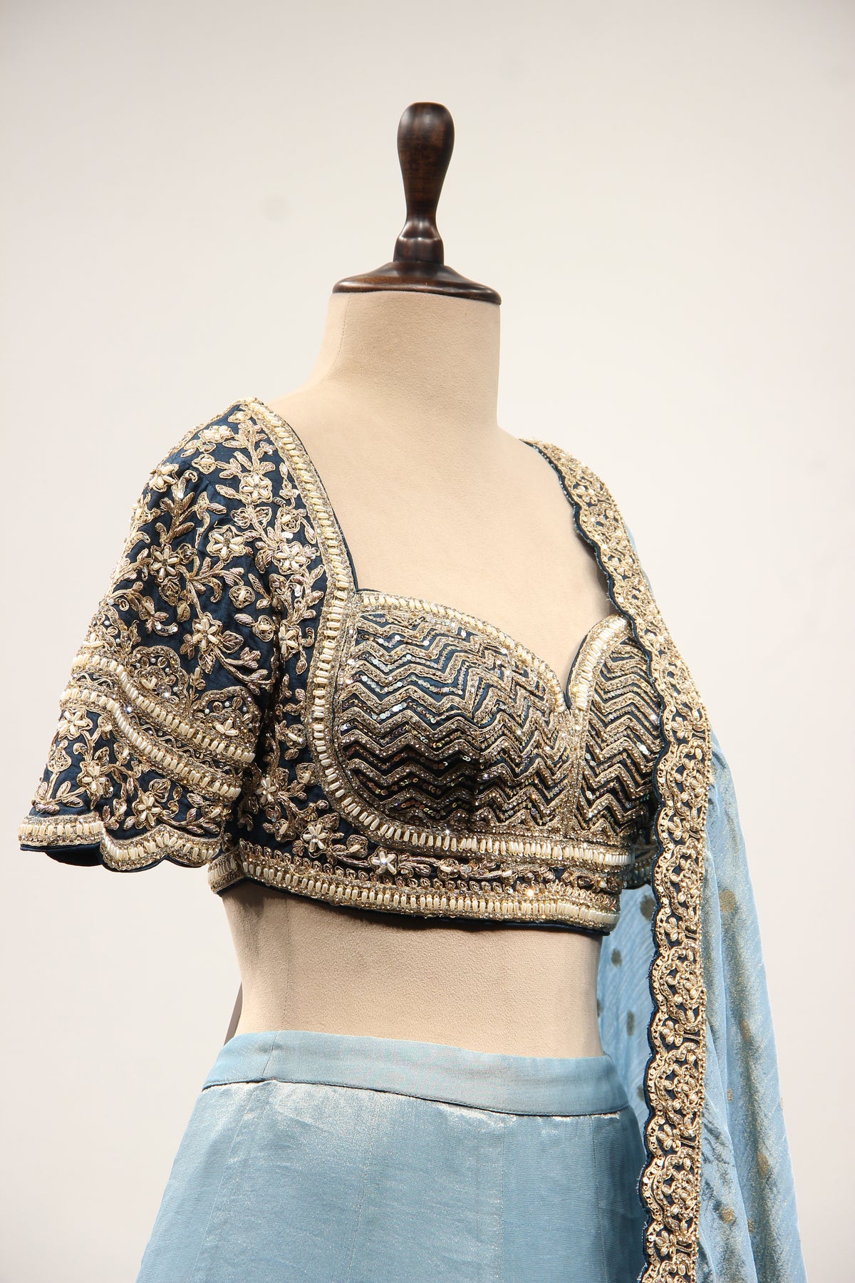 Blue Tissue Lehenga with Zari & Zardozi Handwork Sweetheart Crop Top – other side close-up
