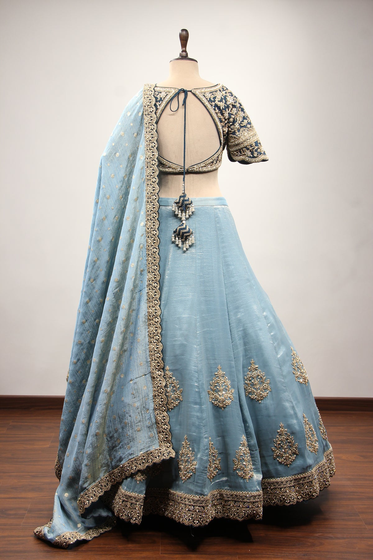 Blue Tissue Lehenga with Zari & Zardozi Handwork Sweetheart Crop Top – back view